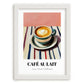 Café Au Lait – on Striped Tablecloth, French Coffee Print, placed in minimal white frame