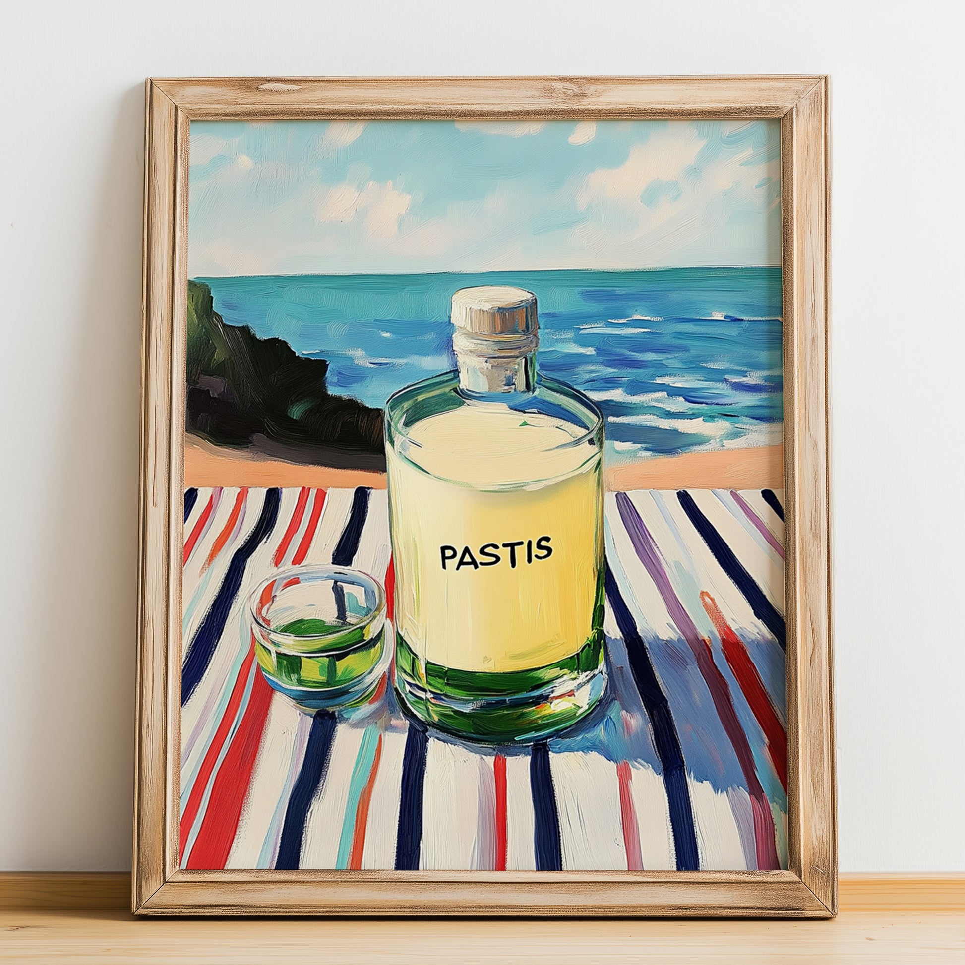 Pastis – French Coastal Café Moment, French Spirit Illustration, no-text version framed in wood