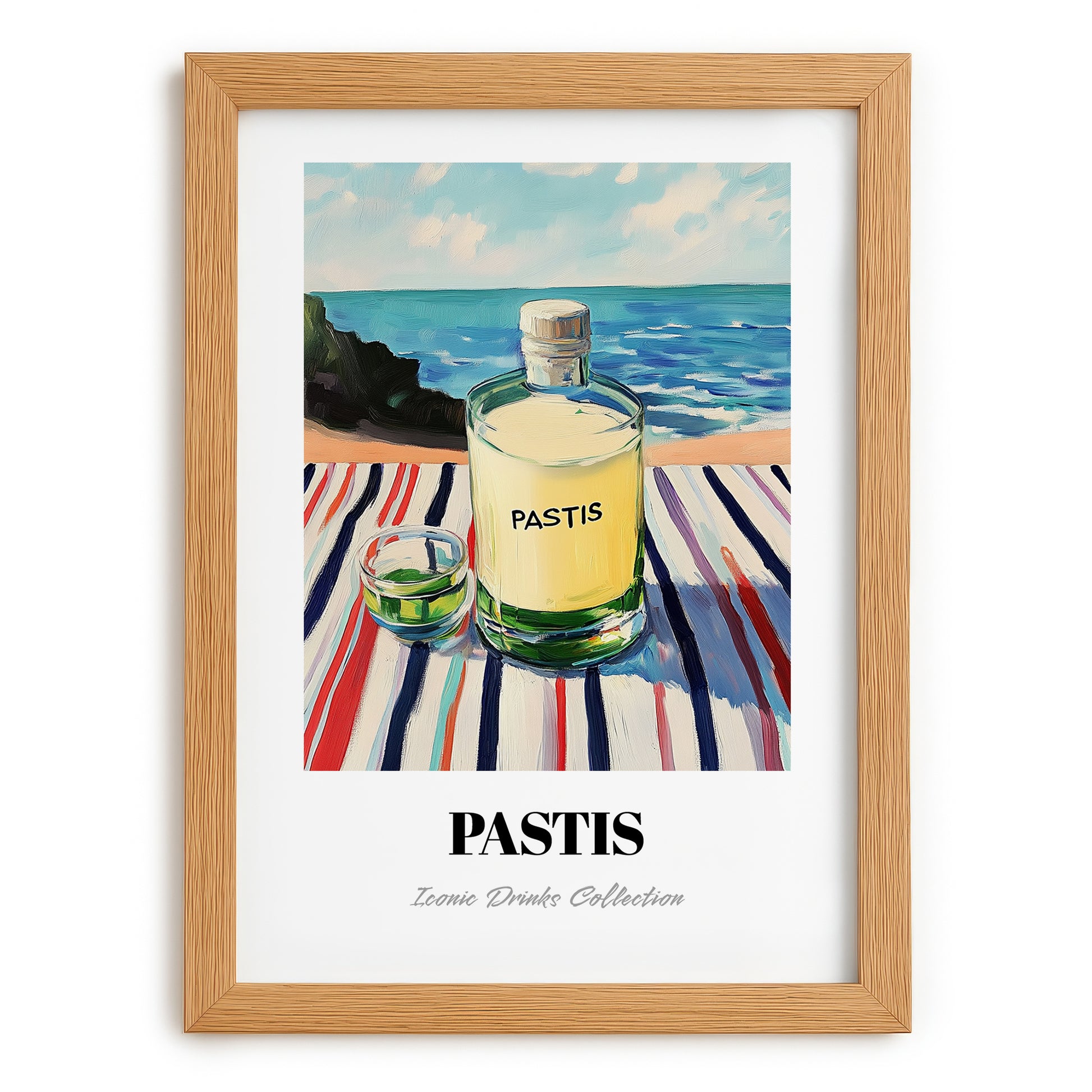 Pastis – French Coastal Café Moment, French Spirit Illustration, set in oak frame
