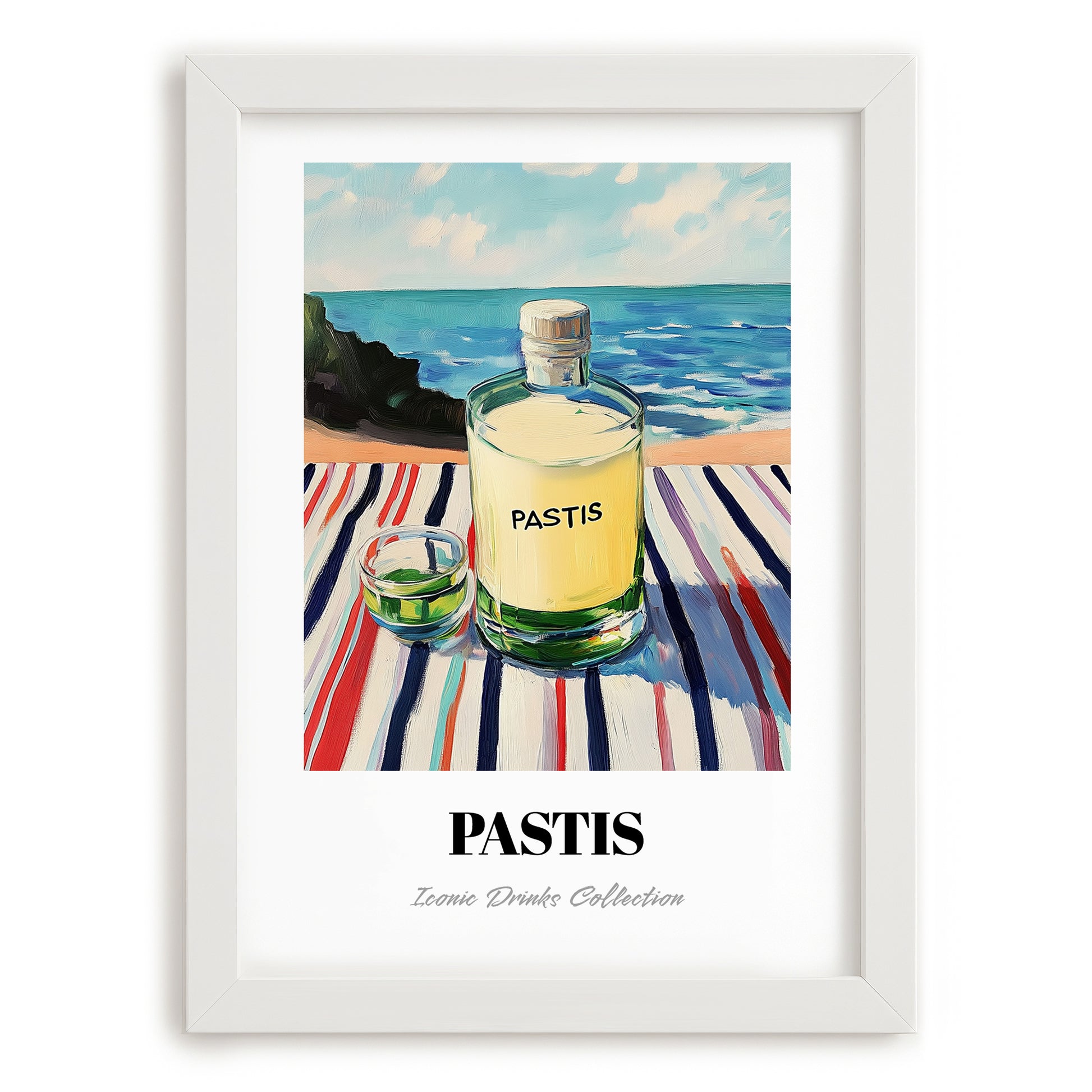 Pastis – French Coastal Café Moment, French Spirit Illustration, placed in minimal white frame