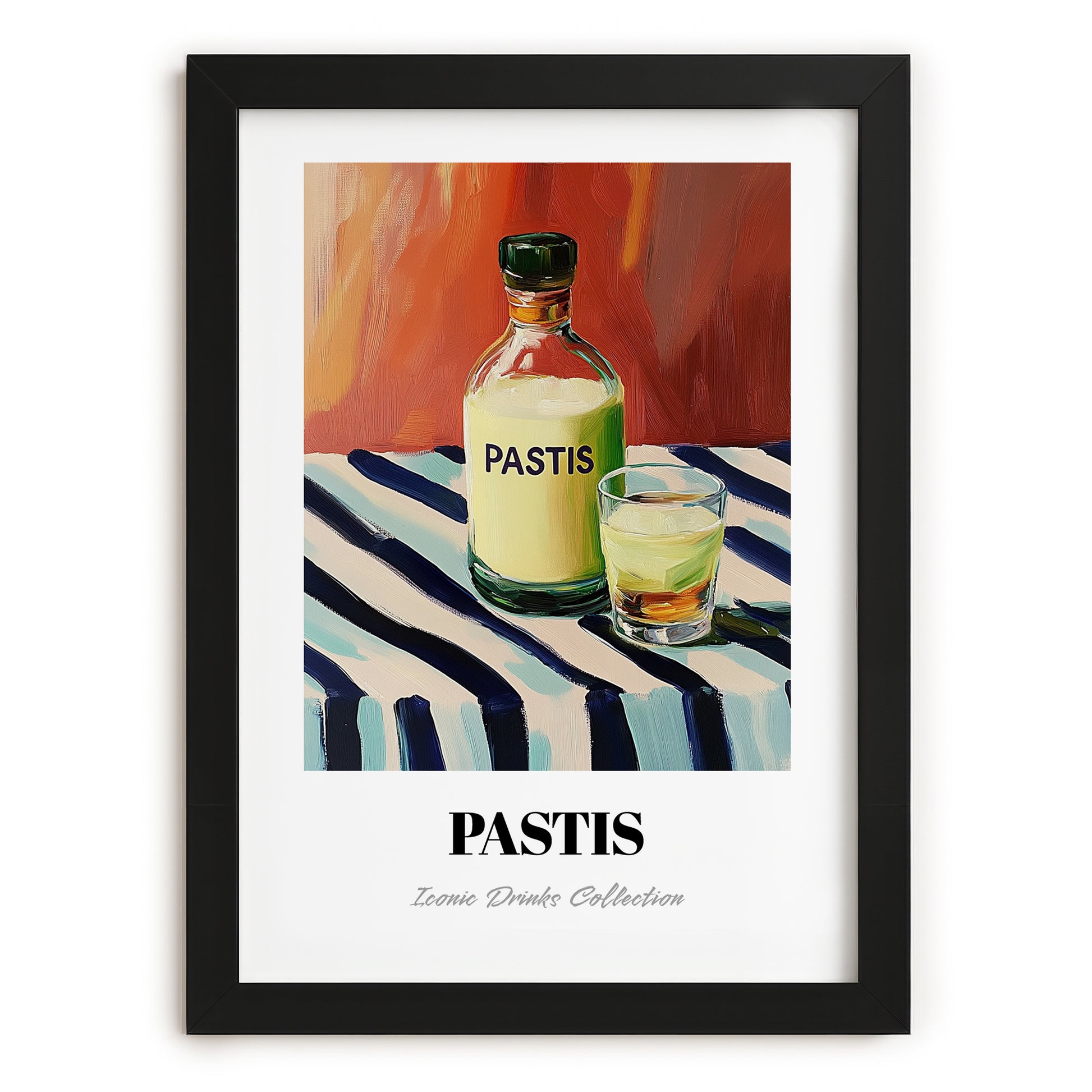 Pastis – on Striped Tablecloth, French Spirit Illustration, in sleek black frame