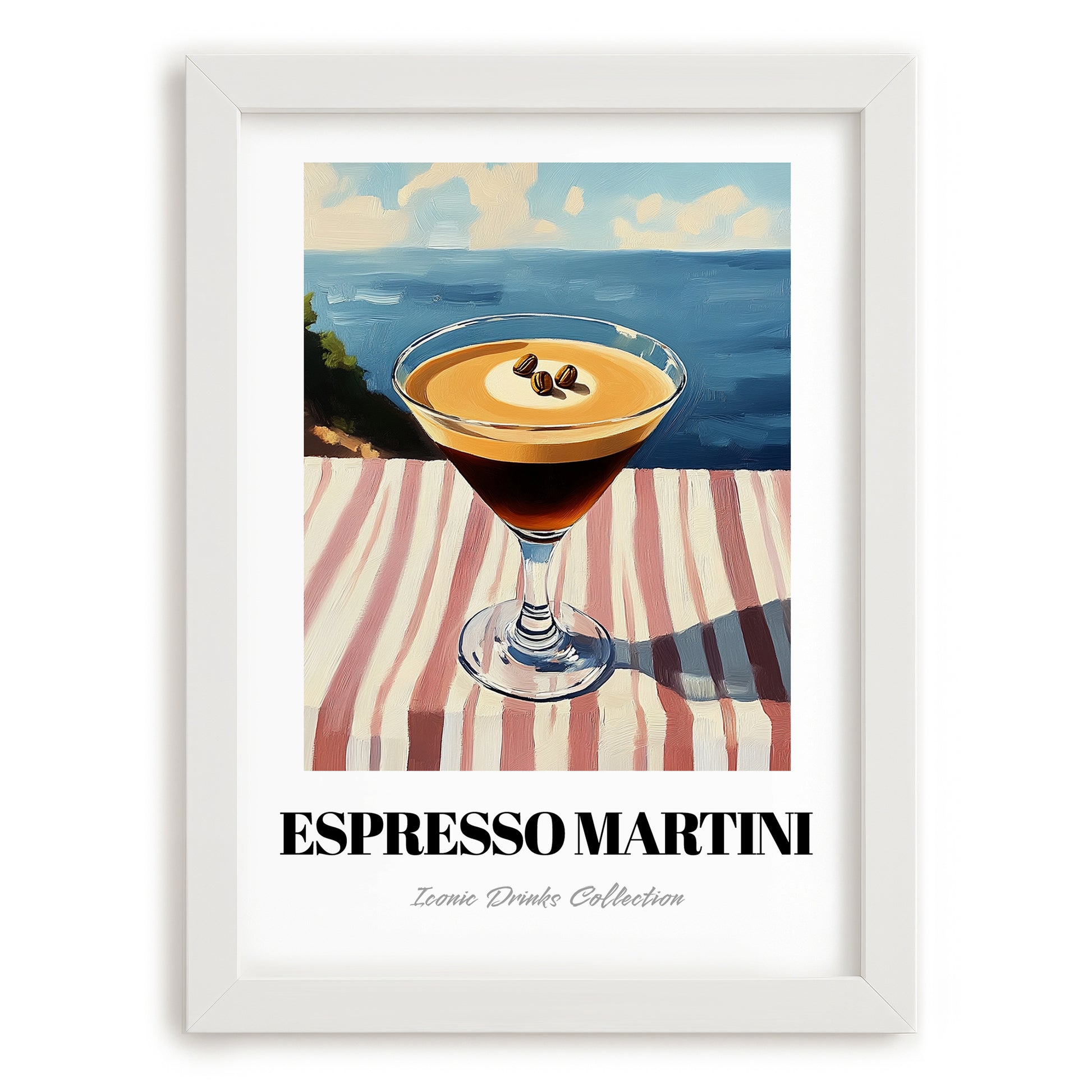 Espresso Martini – French Coastal Table, French Cocktail Painting, placed in minimal white frame