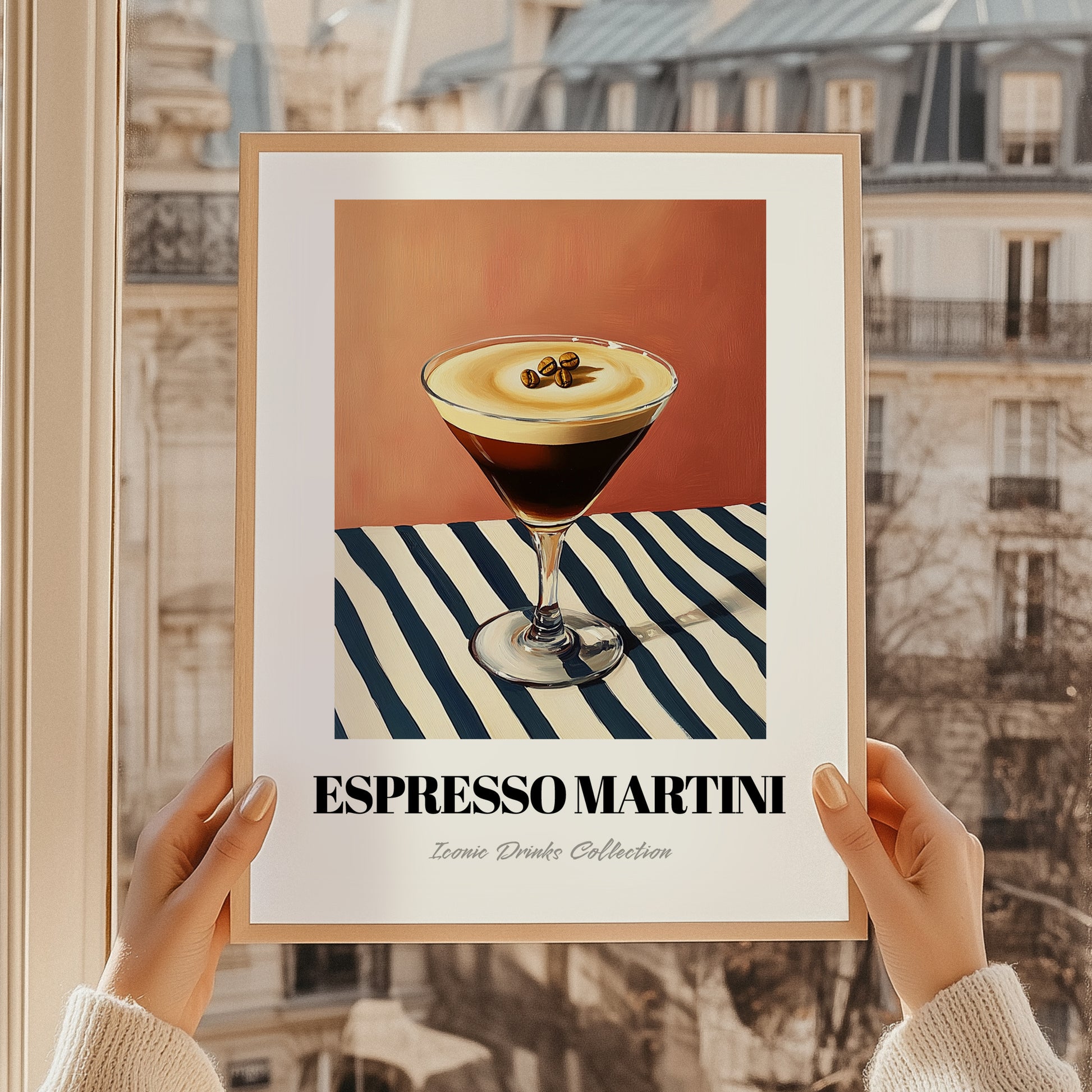 Espresso Martini – on Striped Tablecloth, French Cocktail Wall Decor, styled in a charming Paris street view