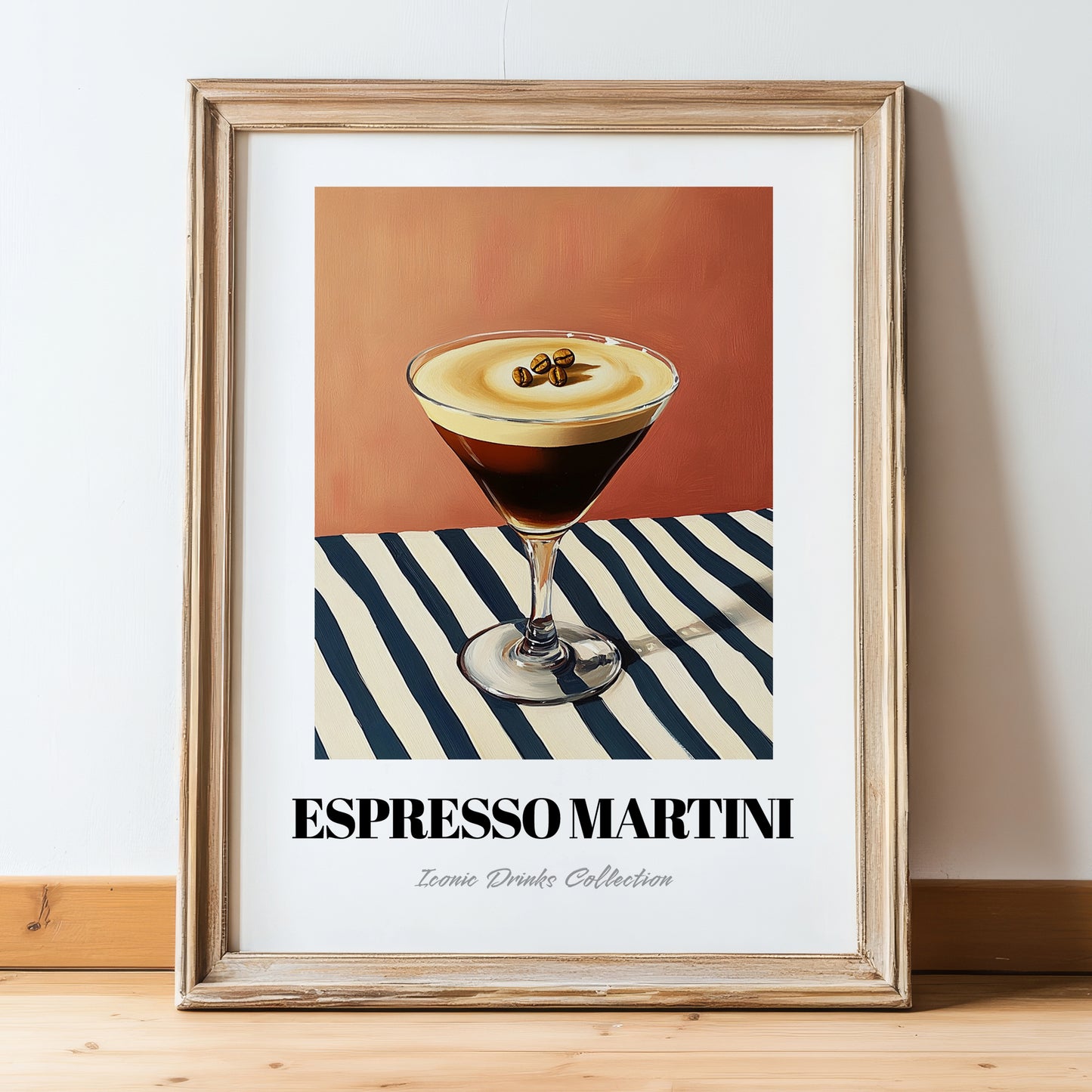 Espresso Martini – on Striped Tablecloth, French Cocktail Wall Decor, in wooden frame leaning on the floor