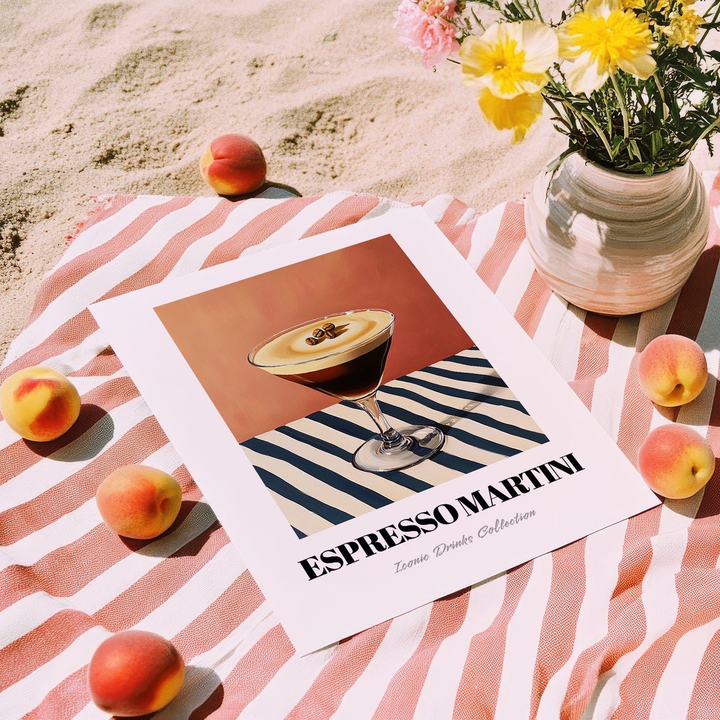 Espresso Martini – on Striped Tablecloth, French Cocktail Wall Decor, unframed on coastal sand