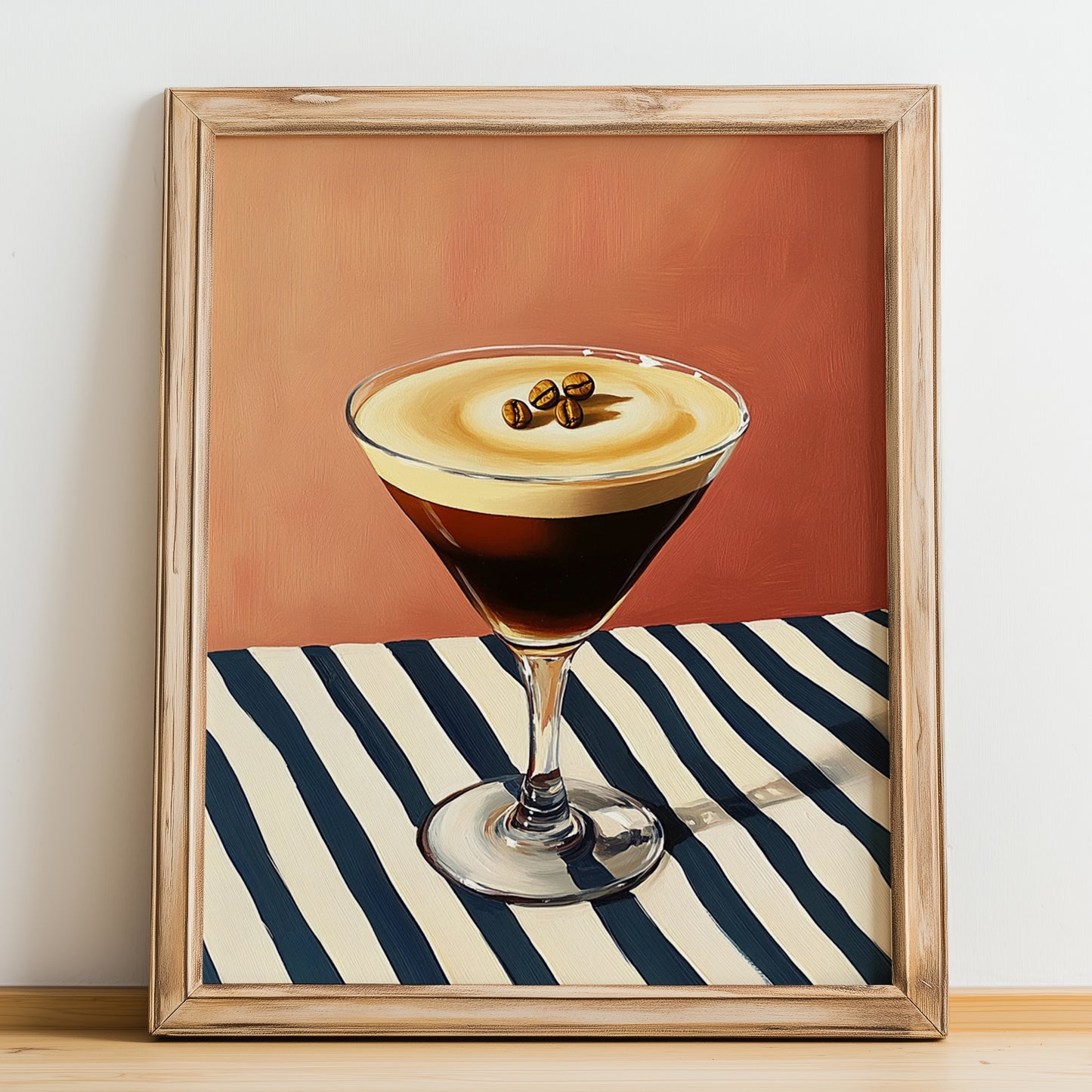 Espresso Martini – on Striped Tablecloth, French Cocktail Wall Decor, no-text version framed in wood