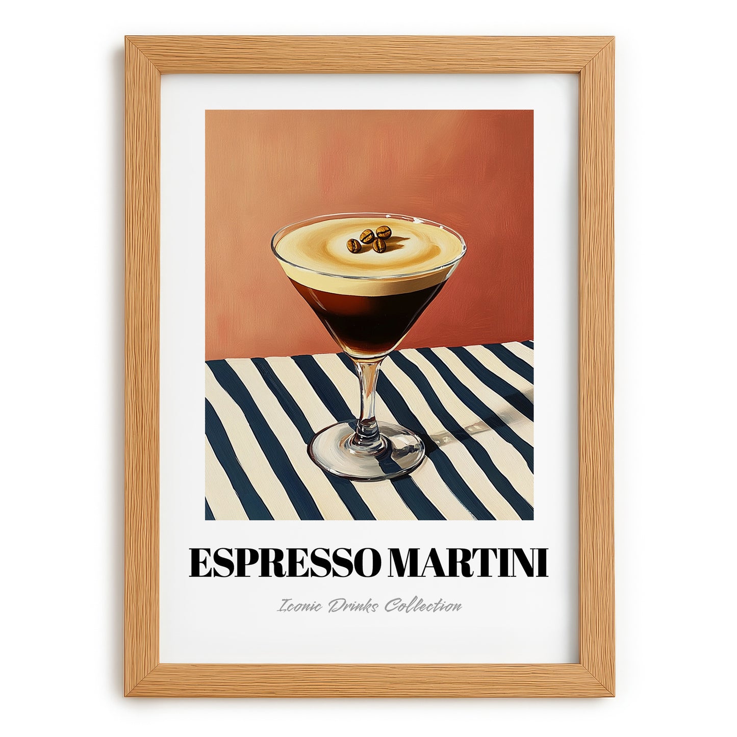 Espresso Martini – on Striped Tablecloth, French Cocktail Wall Decor, set in oak frame
