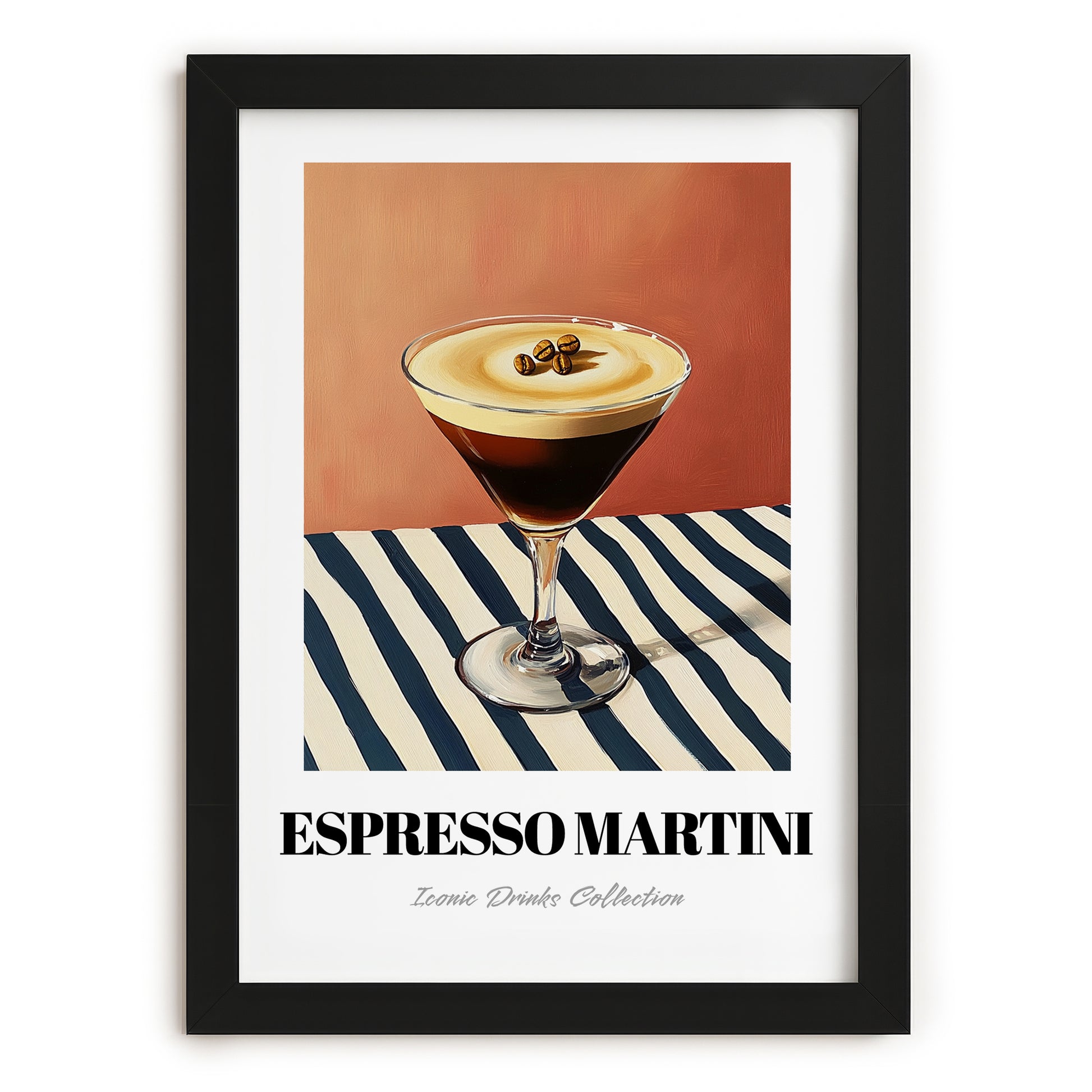 Espresso Martini – on Striped Tablecloth, French Cocktail Wall Decor, in sleek black frame