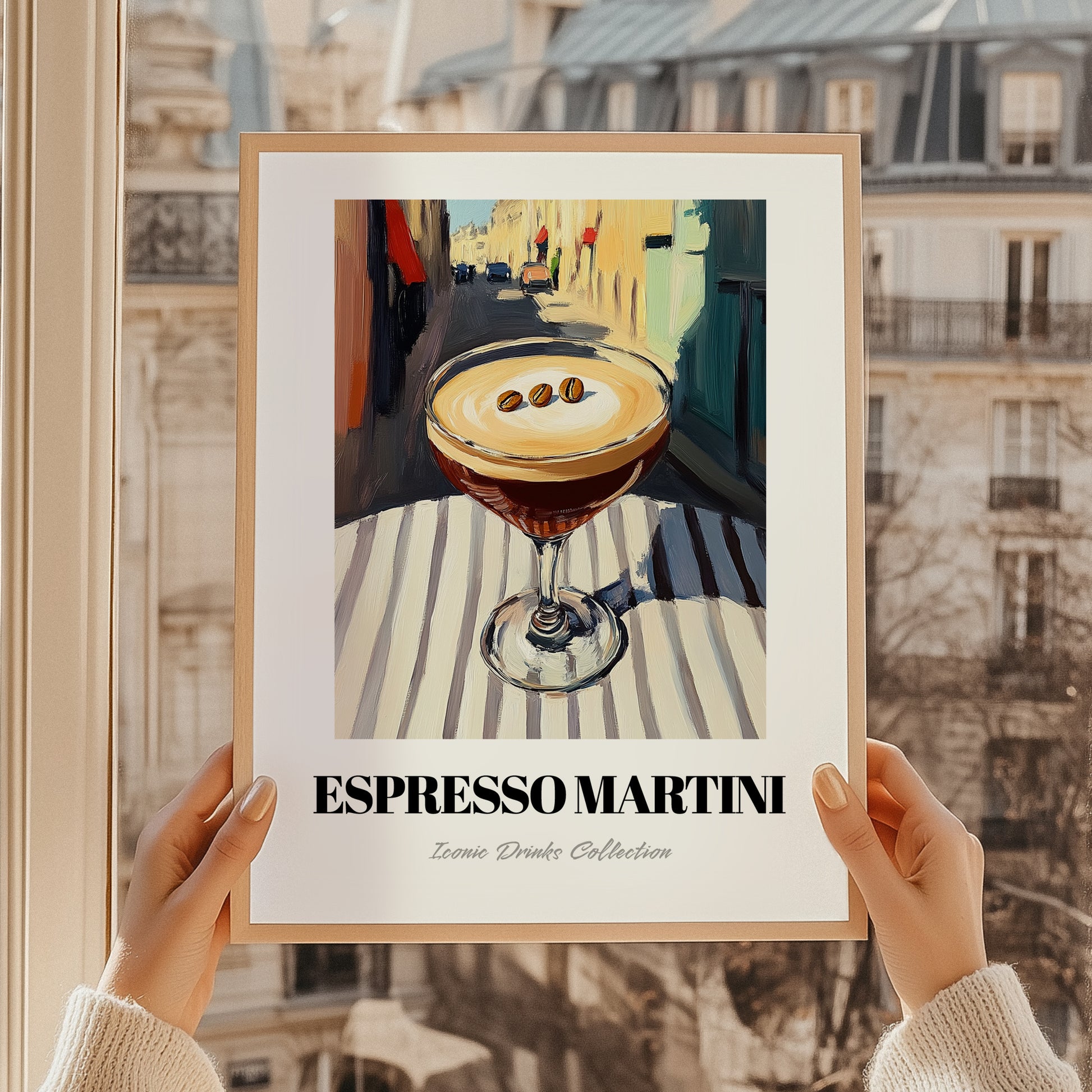 Espresso Martini – French Outdoor Café Scene, French Cocktail Still Life, styled in a charming Paris street view