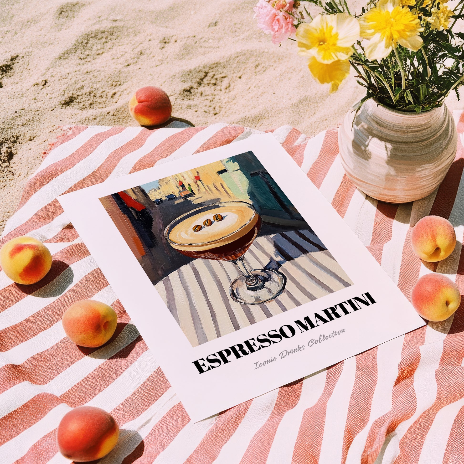 Espresso Martini – French Outdoor Café Scene, French Cocktail Still Life, unframed on coastal sand