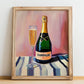 Champagne – on Striped Tablecloth, French Sparkling Wine Poster, no-text version framed in wood