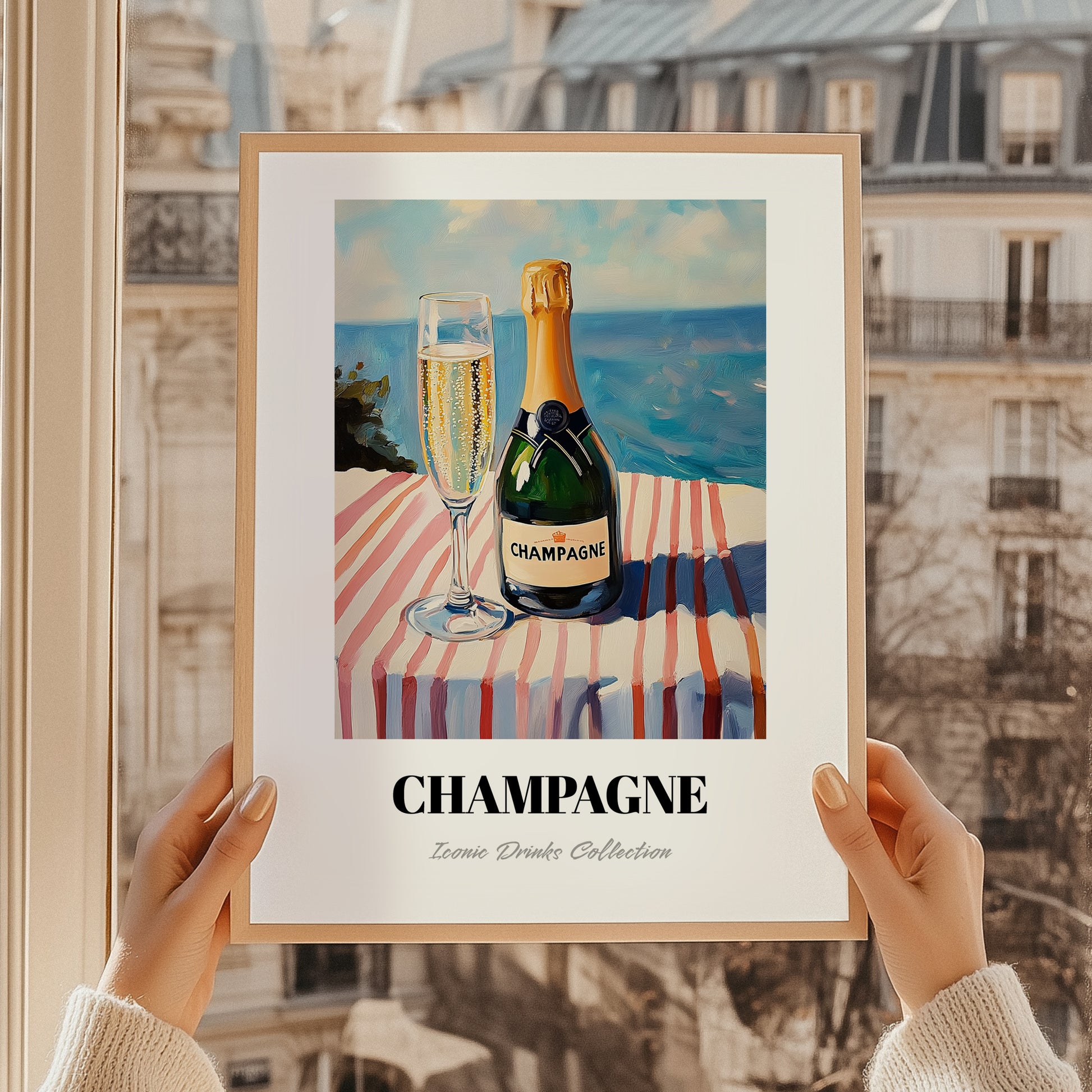 Champagne – French Seaside Scene, French Sparkling Wine Poster, styled in a charming Paris street view