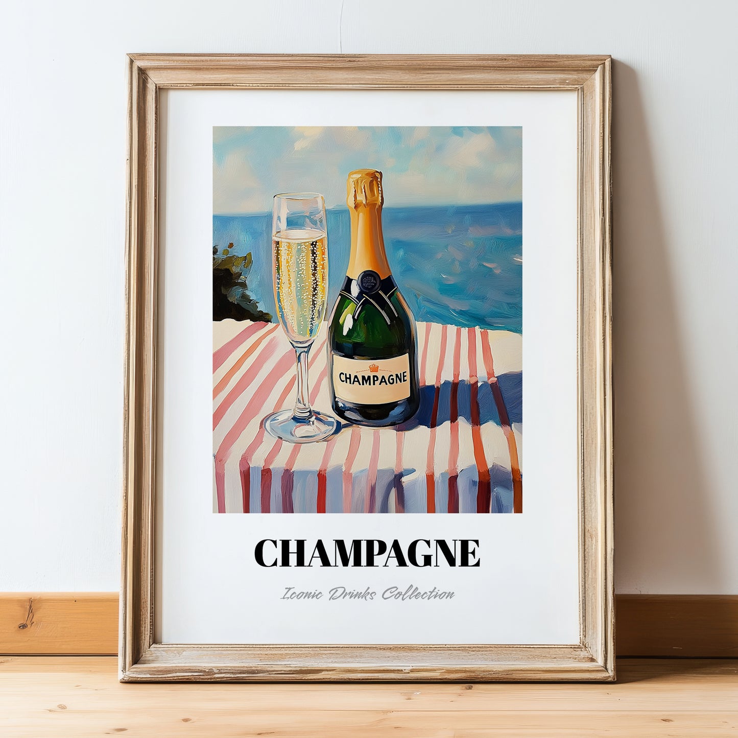 Champagne – French Seaside Scene, French Sparkling Wine Poster, in wooden frame leaning on the floor