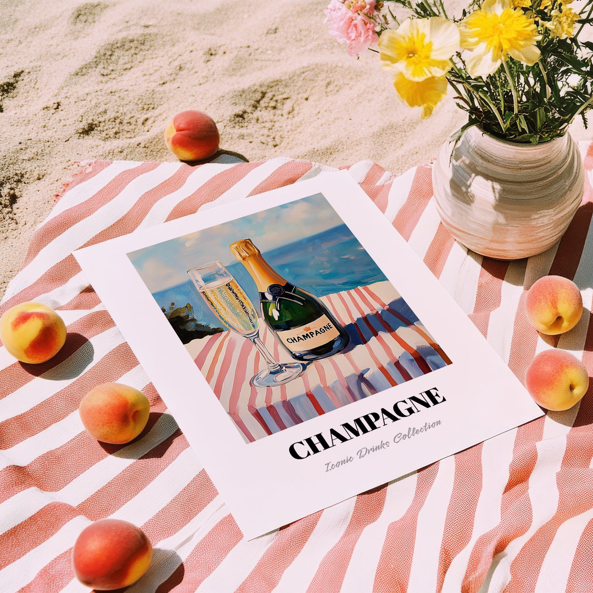 Champagne – French Seaside Scene, French Sparkling Wine Poster, unframed on coastal sand