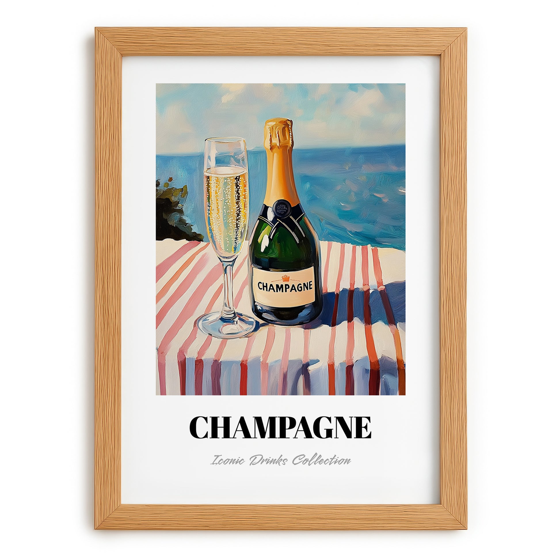 Champagne – French Seaside Scene, French Sparkling Wine Poster, set in oak frame