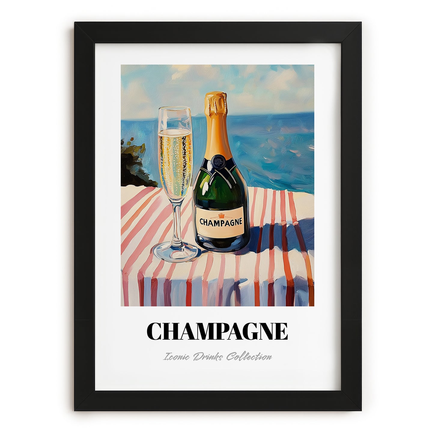 Champagne – French Seaside Scene, French Sparkling Wine Poster, in sleek black frame