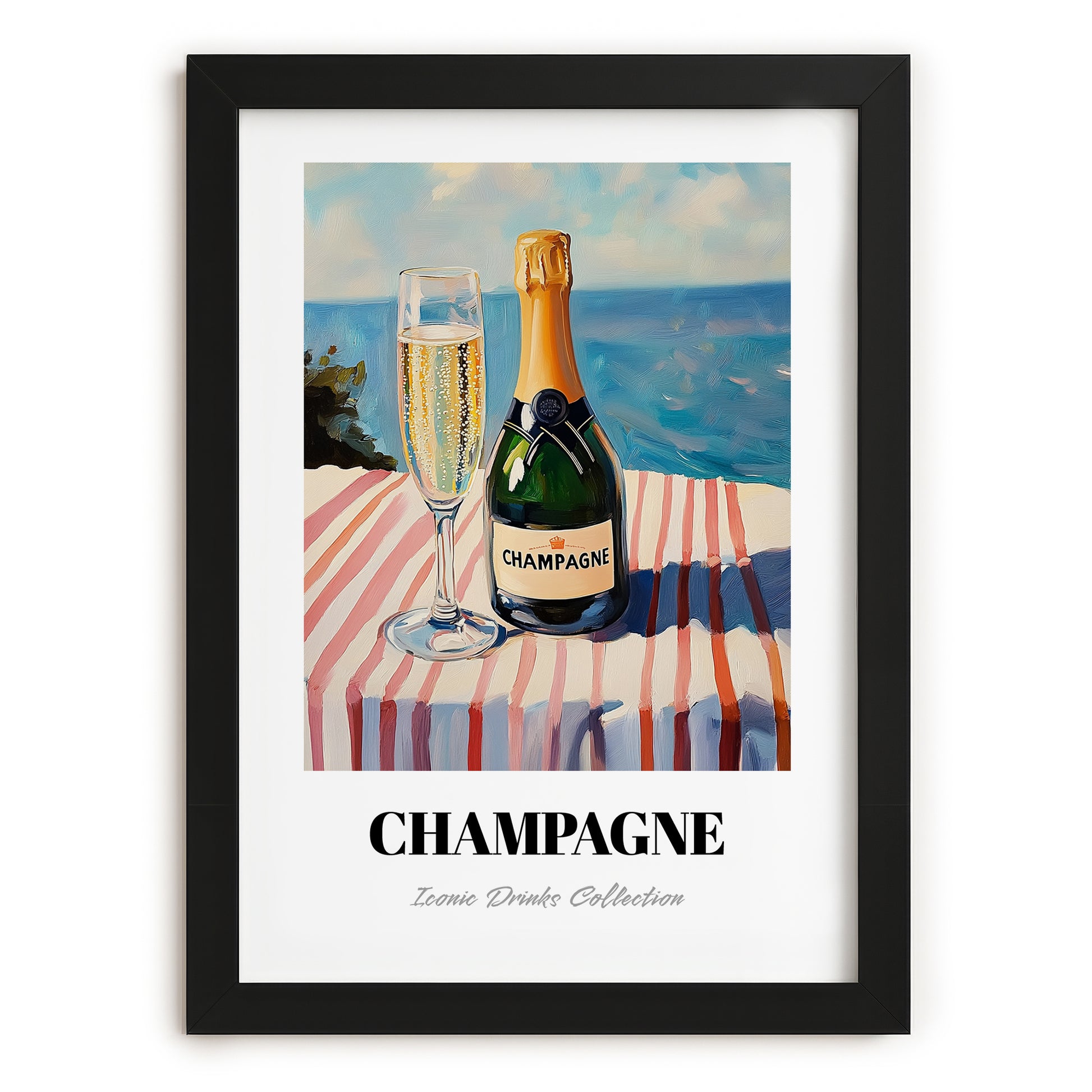 Champagne – French Seaside Scene, French Sparkling Wine Poster, in sleek black frame