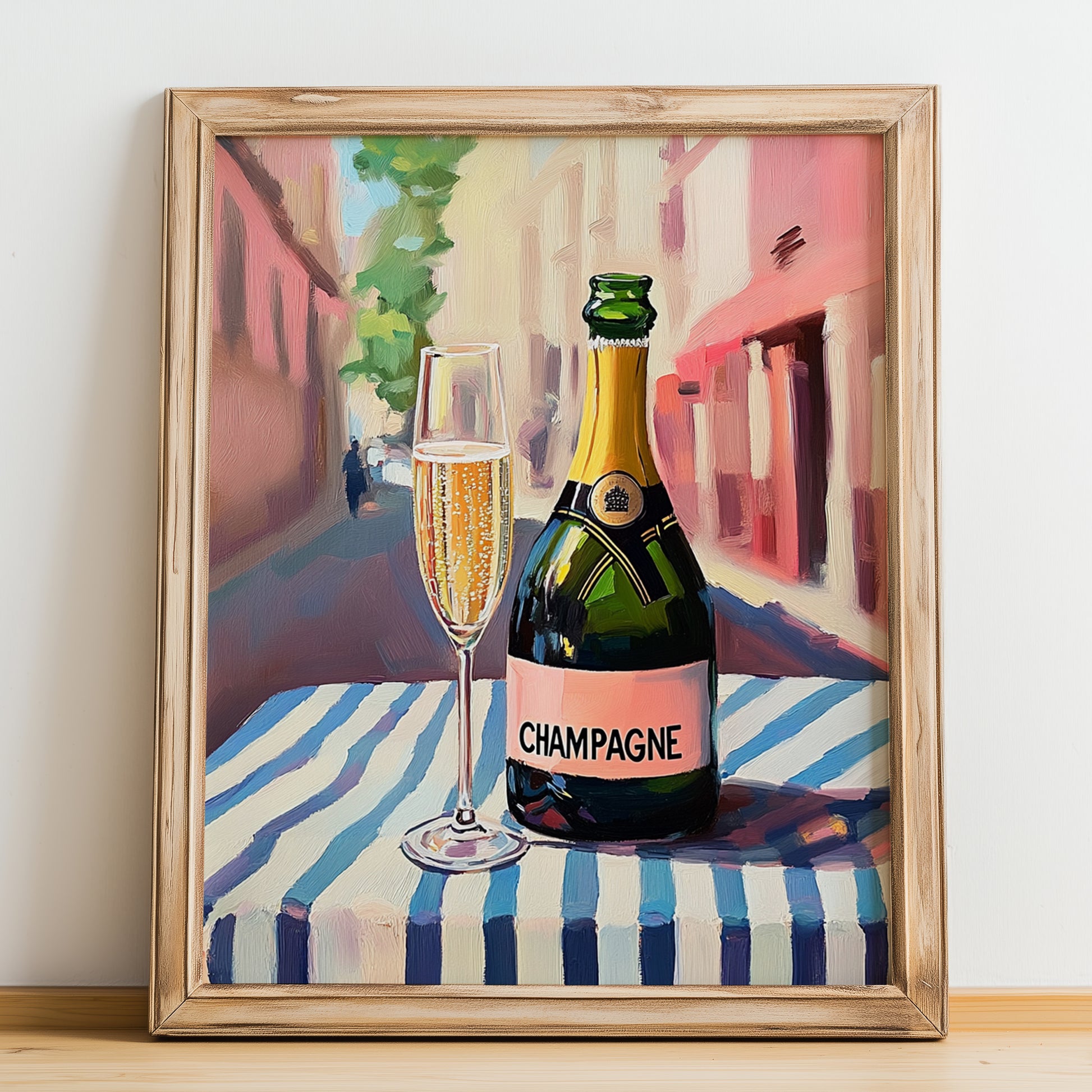 Champagne – French Street Café Scene, French Sparkling Wine Still Life, no-text version framed in wood