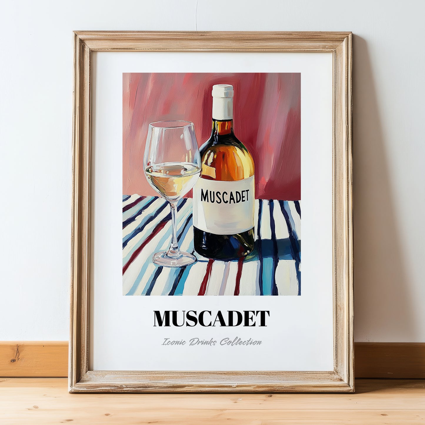 Muscadet – on Striped Tablecloth, French Wine Poster, in wooden frame leaning on the floor