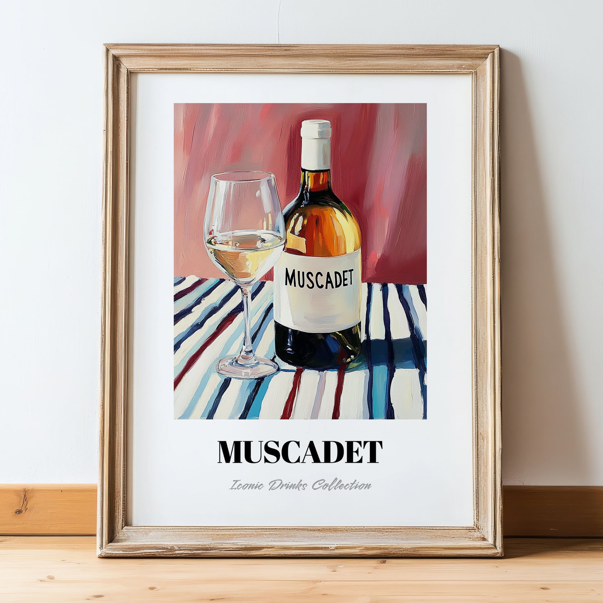Muscadet – on Striped Tablecloth, French Wine Poster, in wooden frame leaning on the floor