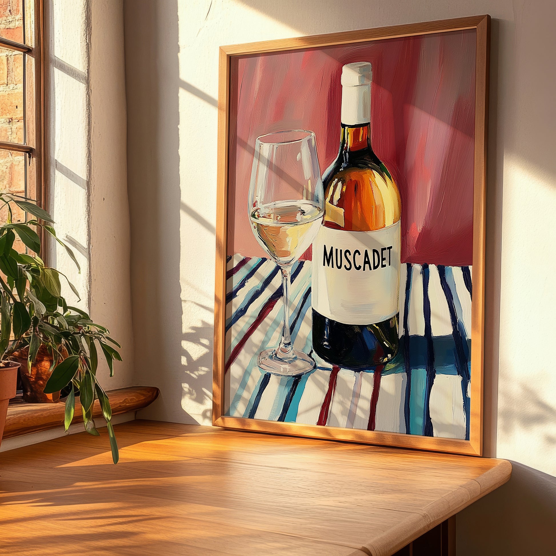 Muscadet – on Striped Tablecloth, French Wine Poster, clean layout with no caption