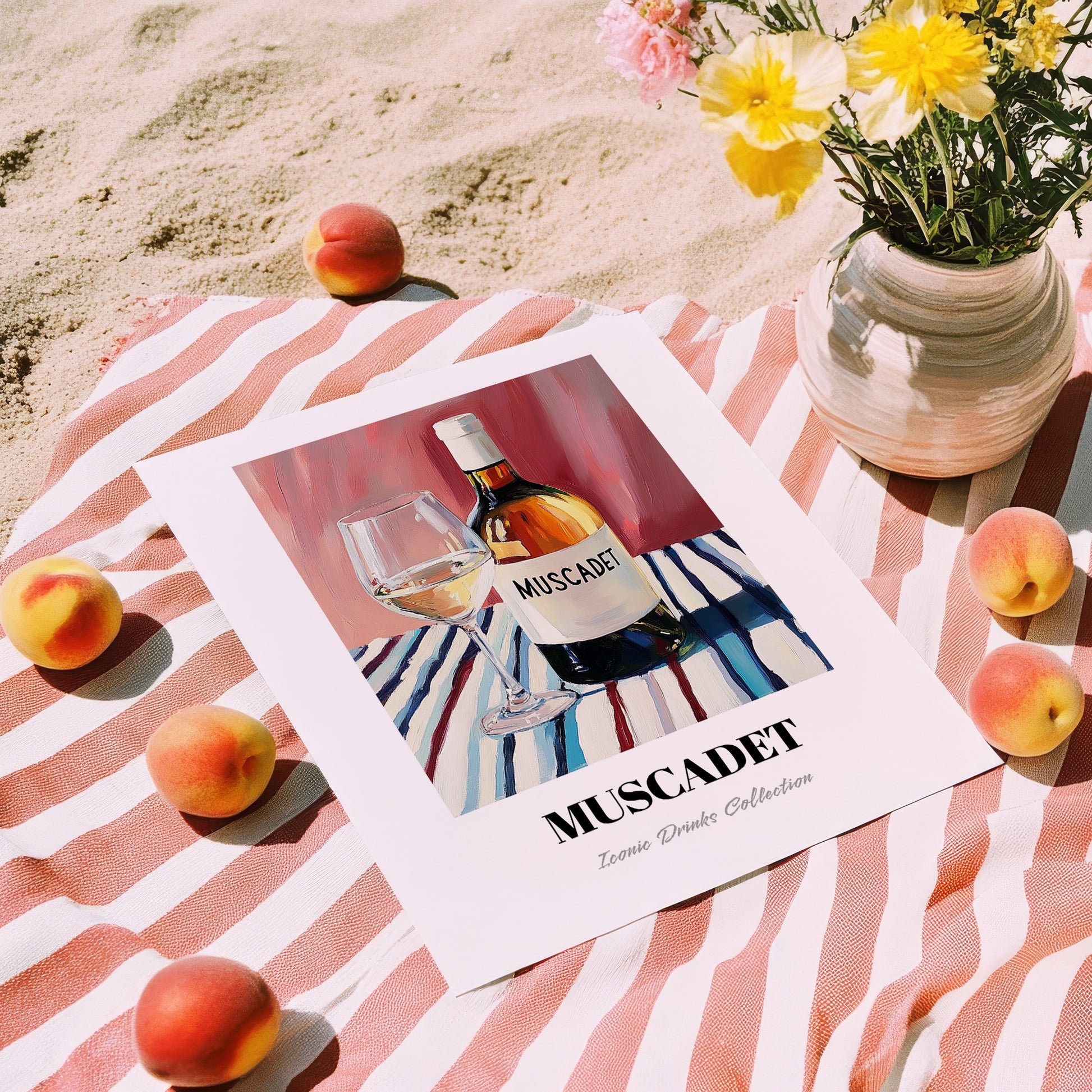 Muscadet – on Striped Tablecloth, French Wine Poster, unframed on coastal sand