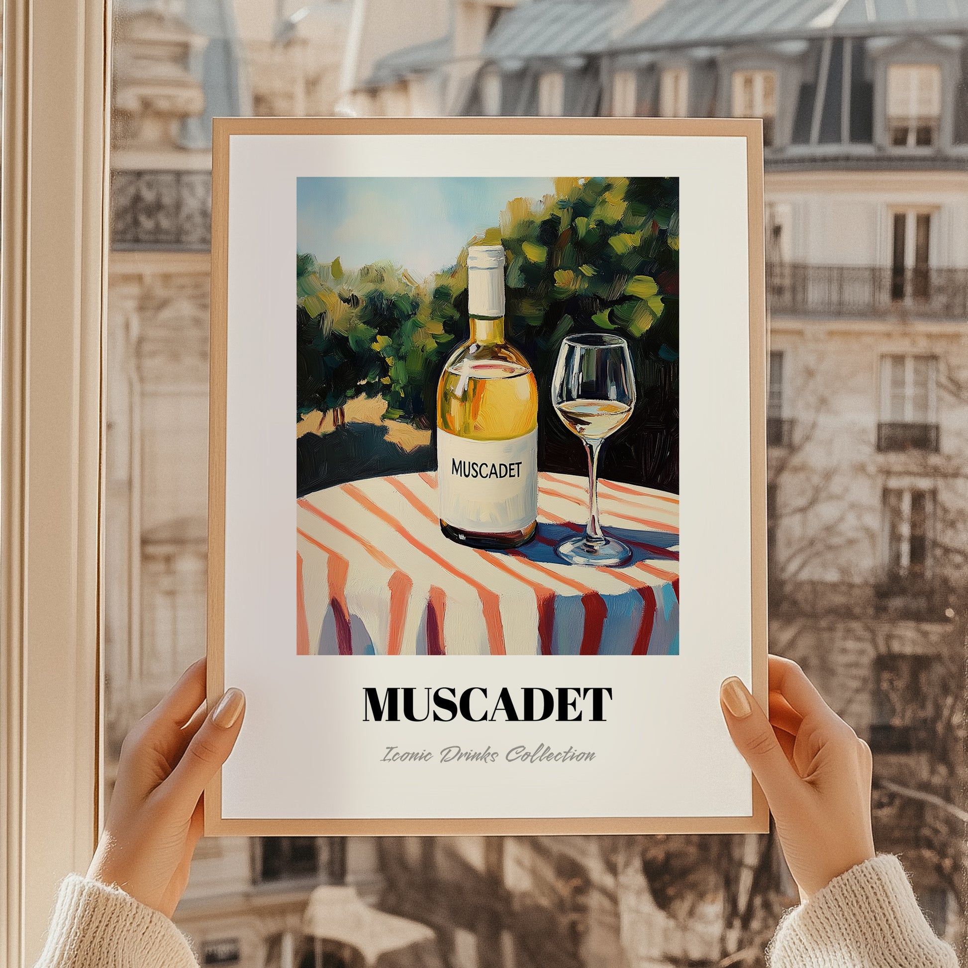 Muscadet – French Hilltop Table Scene, French Wine Print, styled in a charming Paris street view