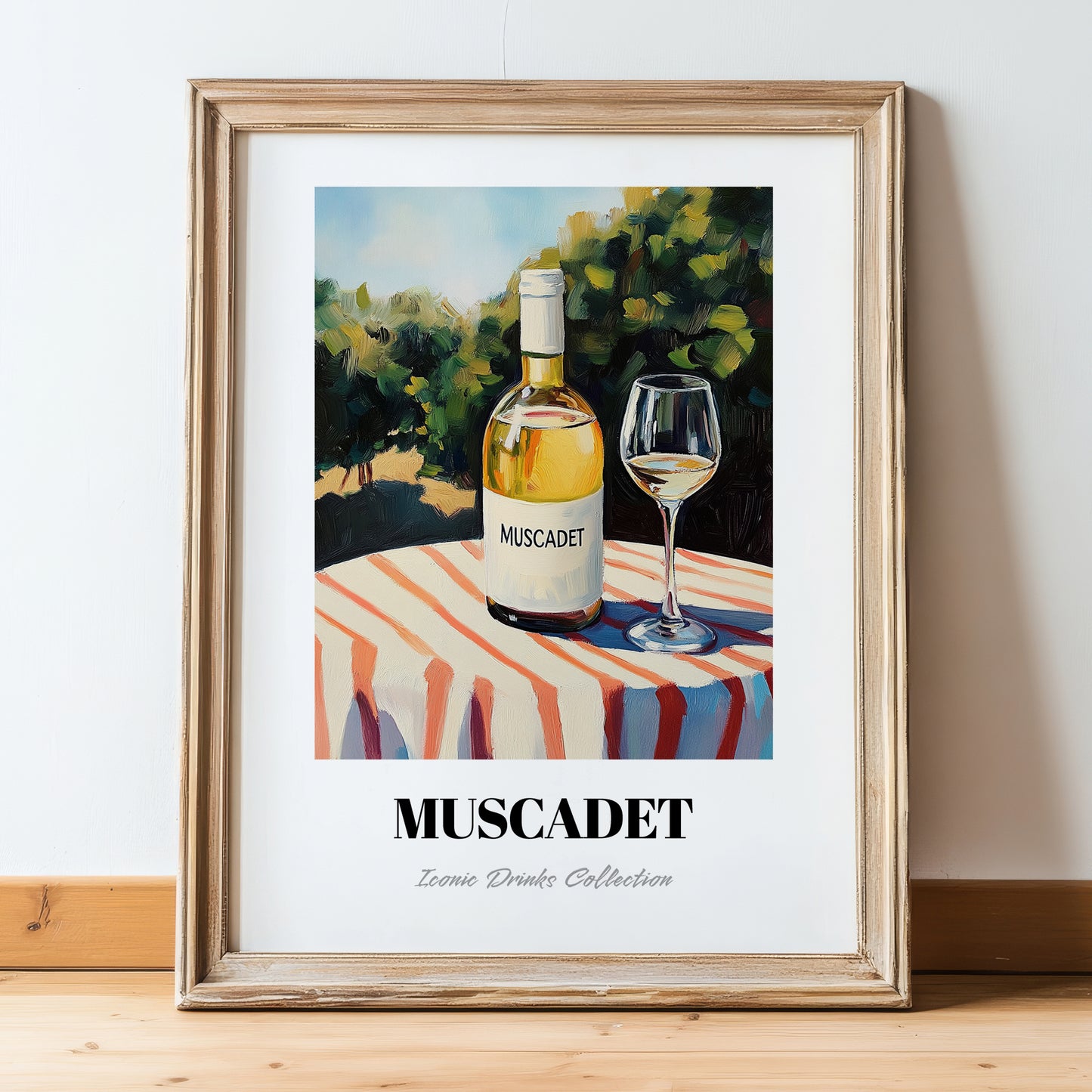 Muscadet – French Hilltop Table Scene, French Wine Print, in wooden frame leaning on the floor