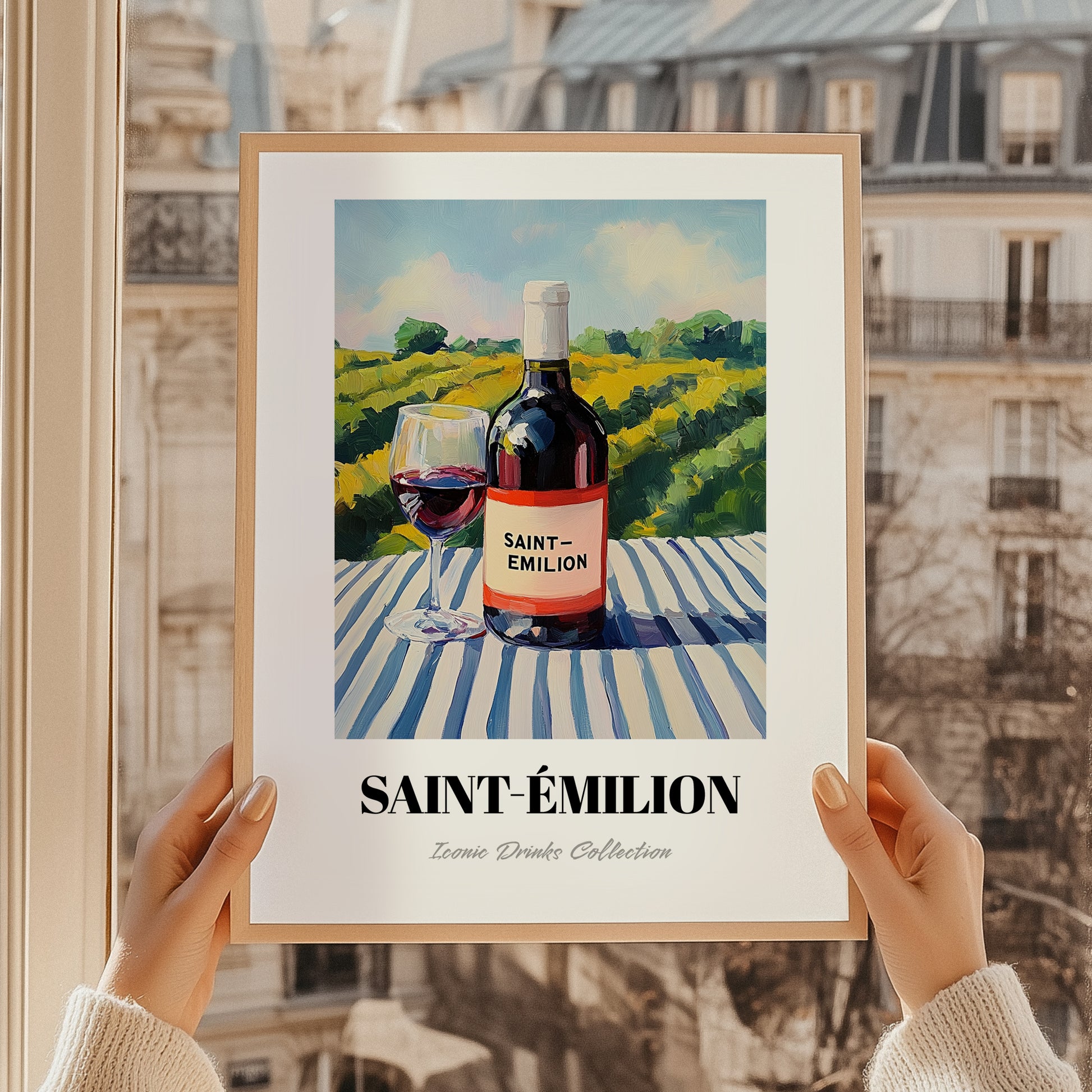 Saint-émilion – French Hillside Café View, French Wine Wall Painting, styled in a charming Paris street view