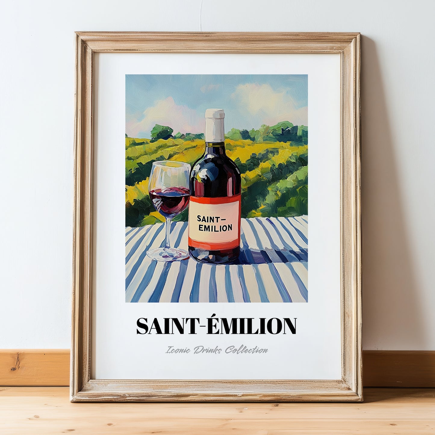 Saint-émilion – French Hillside Café View, French Wine Wall Painting, in wooden frame leaning on the floor