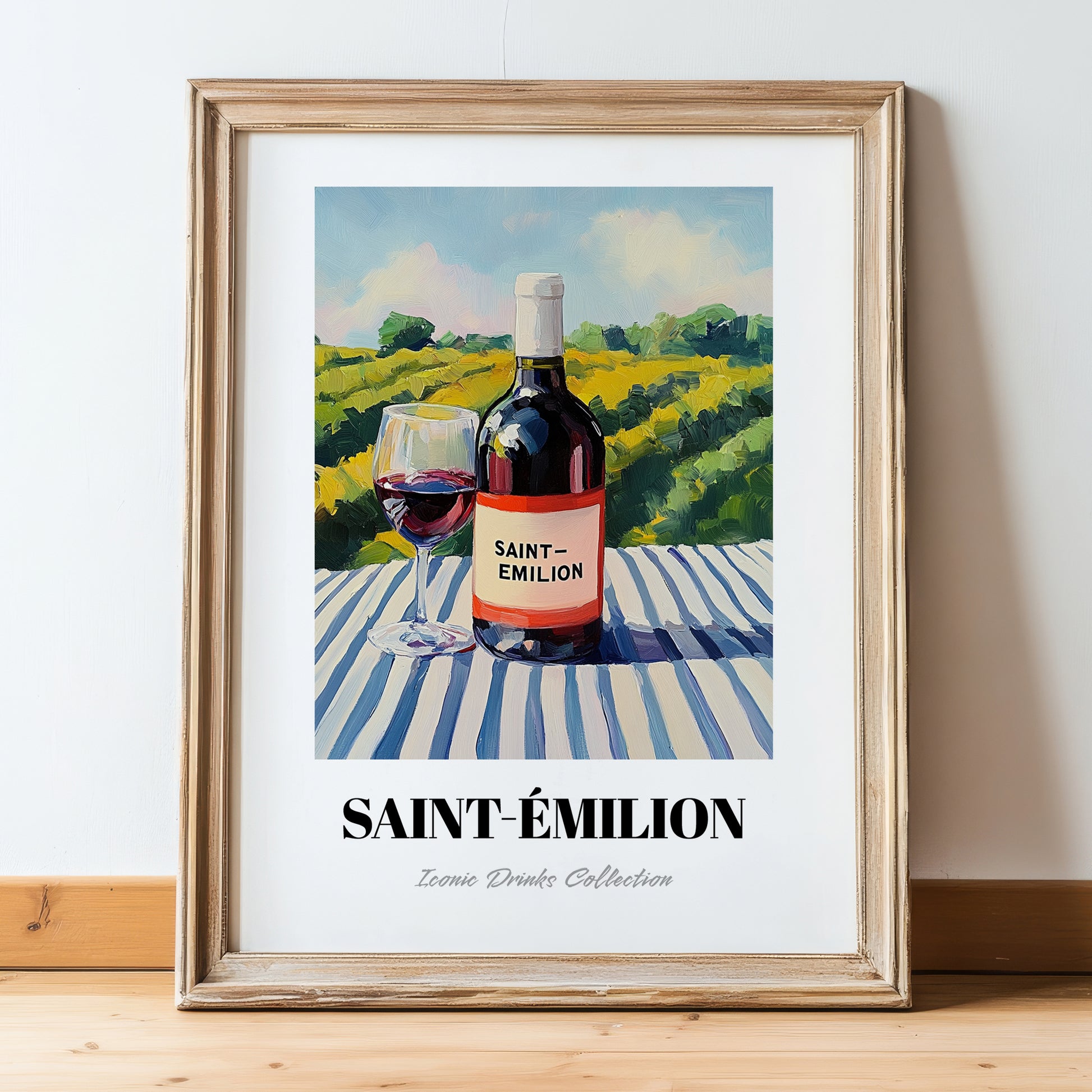 Saint-émilion – French Hillside Café View, French Wine Wall Painting, in wooden frame leaning on the floor