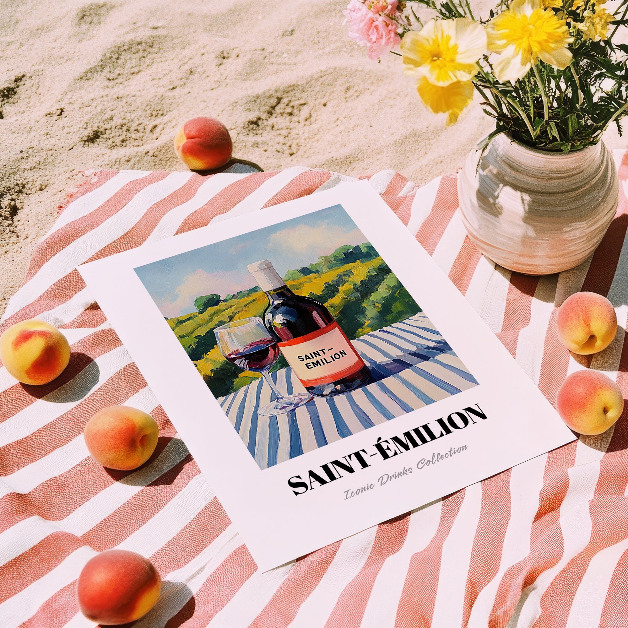 Saint-émilion – French Hillside Café View, French Wine Wall Painting, unframed on coastal sand