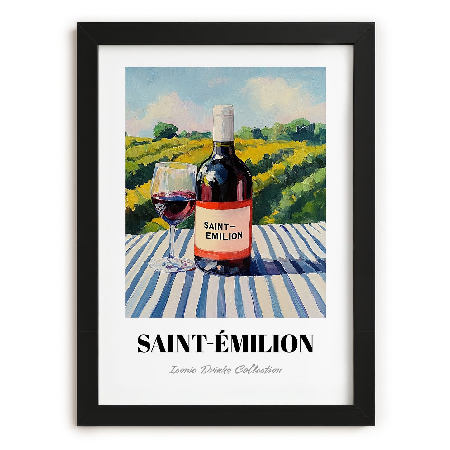 Saint-émilion – French Hillside Café View, French Wine Wall Painting, in sleek black frame