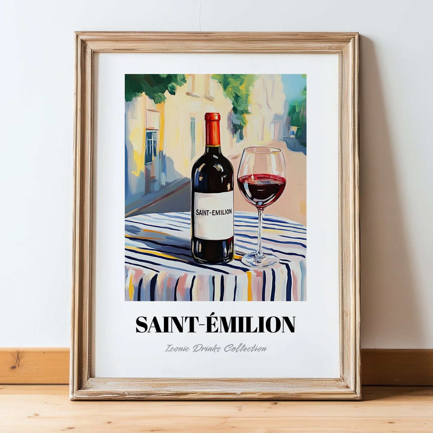 Saint-émilion – French Urban Café Scene, French Wine Wall Decor, in wooden frame leaning on the floor