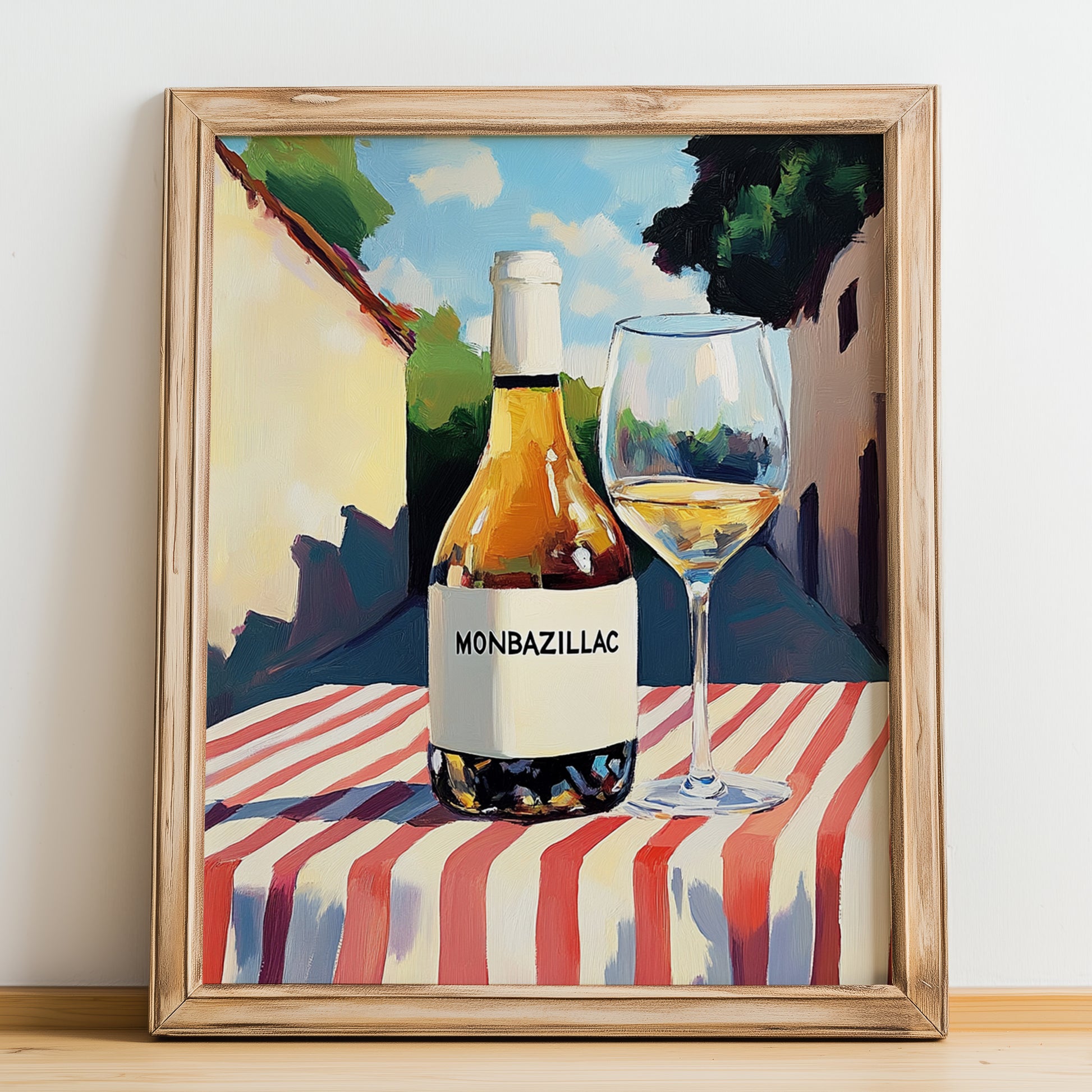 Monbazillac – French Urban Café Scene, French Wine Wall Art, no-text version framed in wood