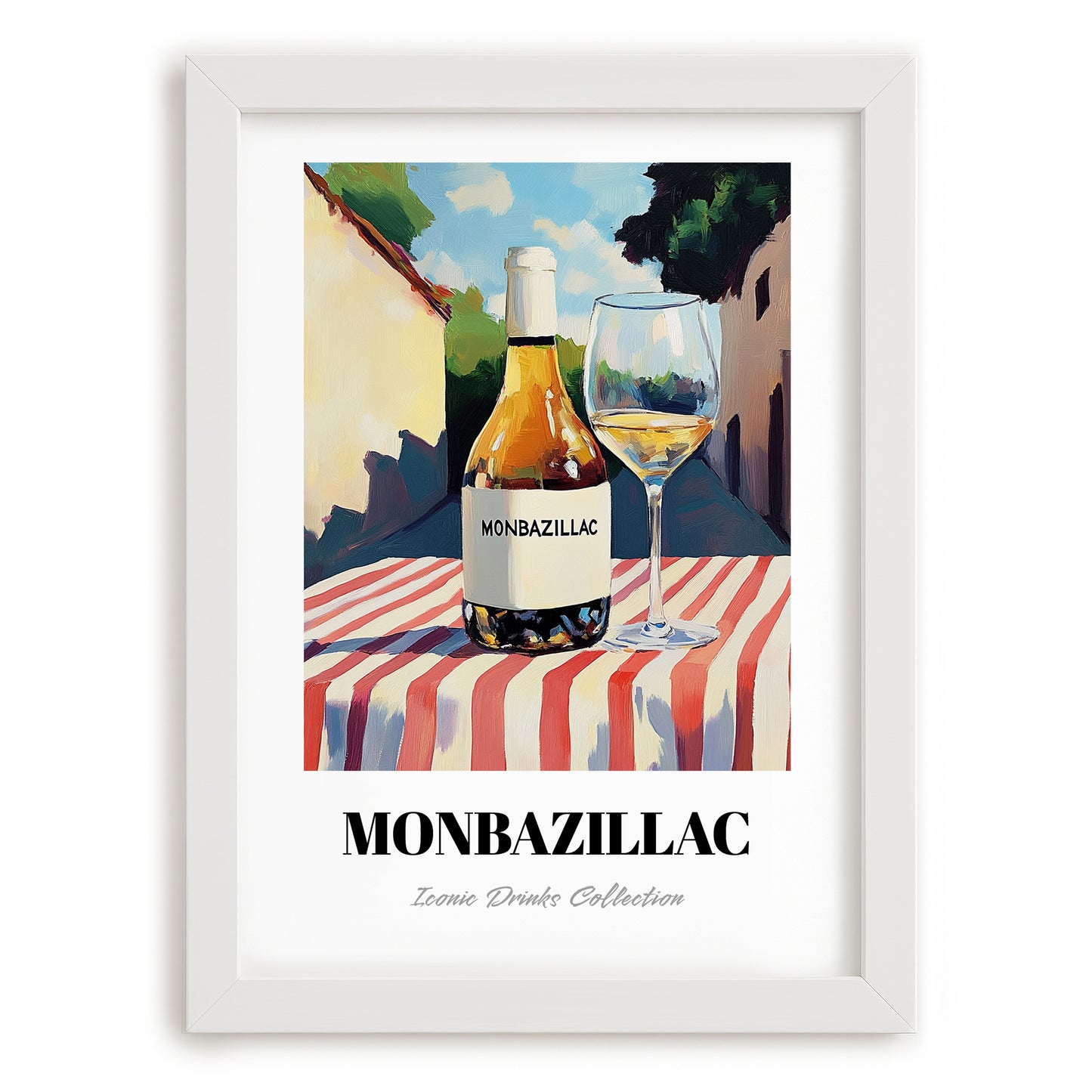 Monbazillac – French Urban Café Scene, French Wine Wall Art, placed in minimal white frame