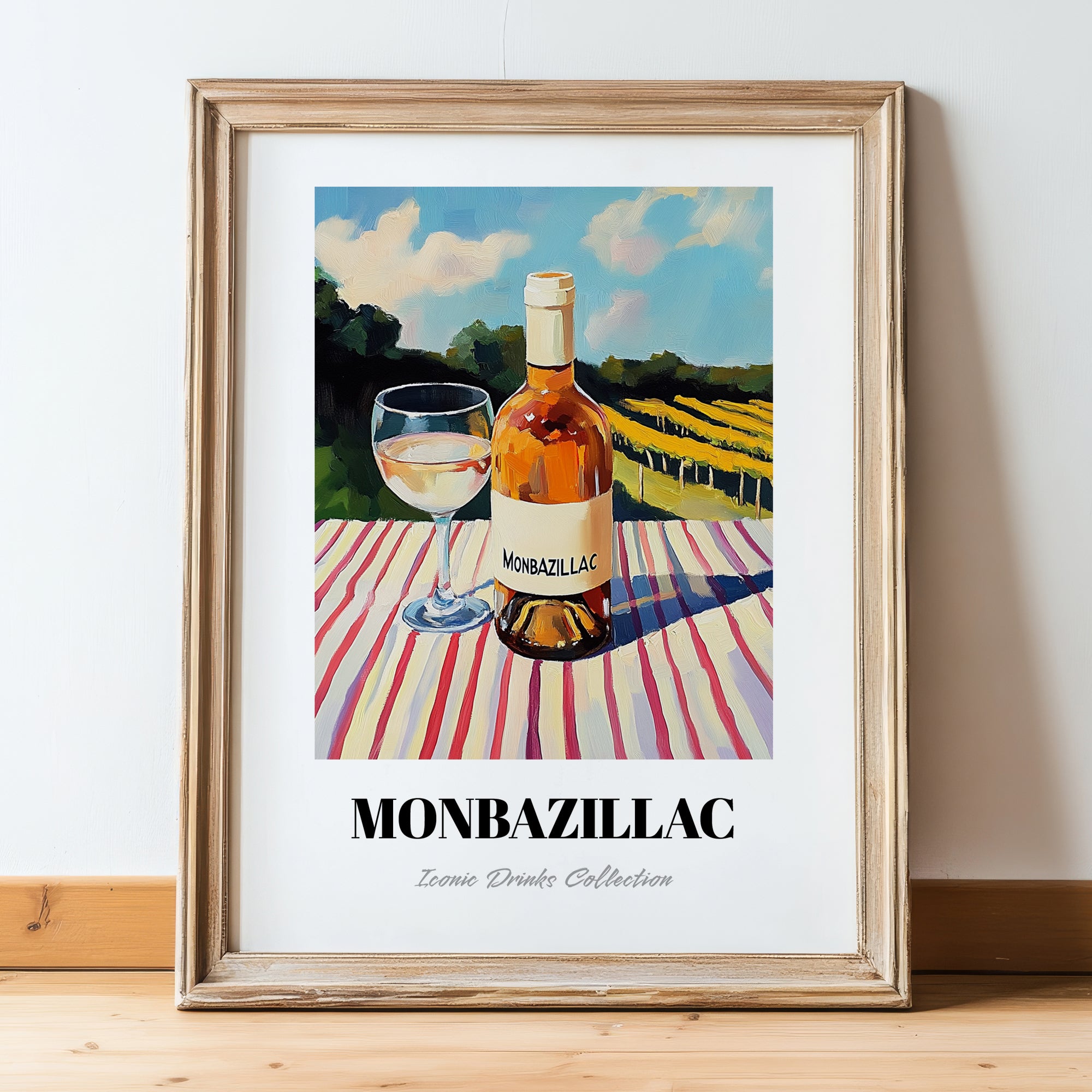 Monbazillac – French Hillside Café View, French Wine Illustration, in wooden frame leaning on the floor