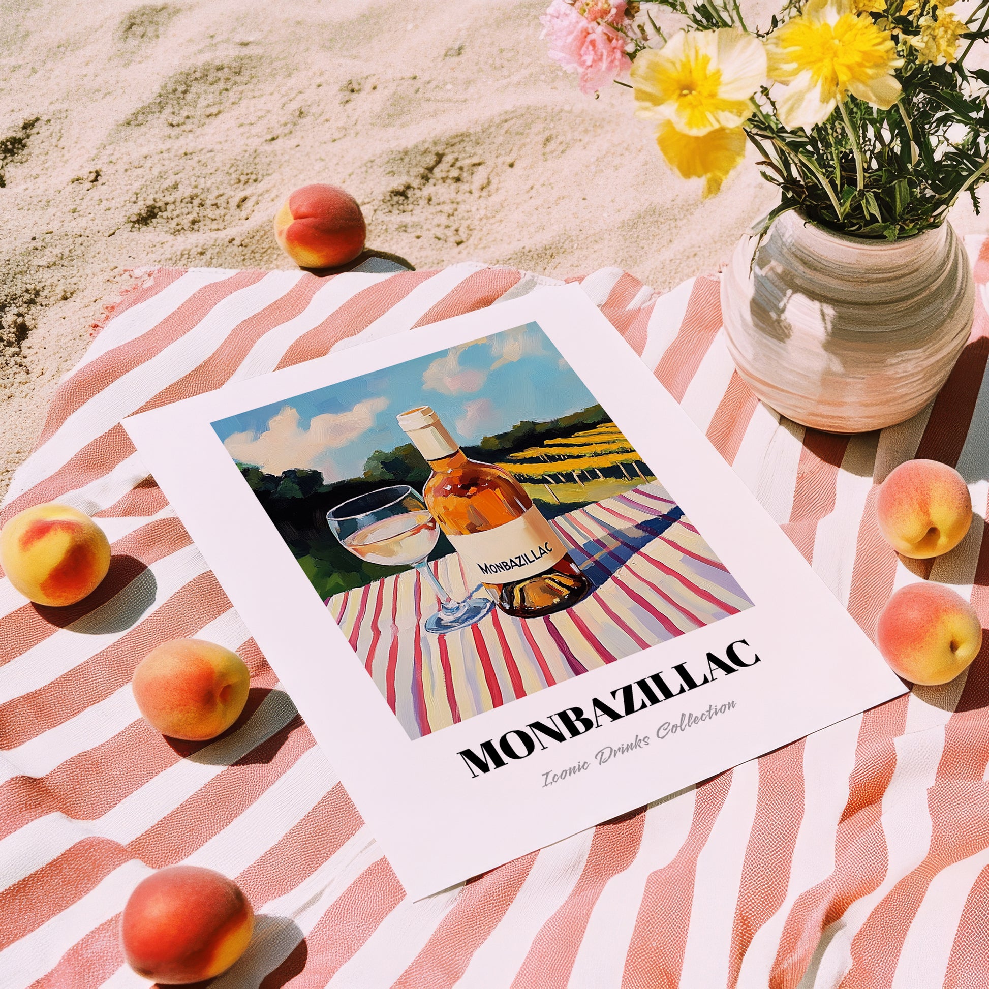 Monbazillac – French Hillside Café View, French Wine Illustration, unframed on coastal sand