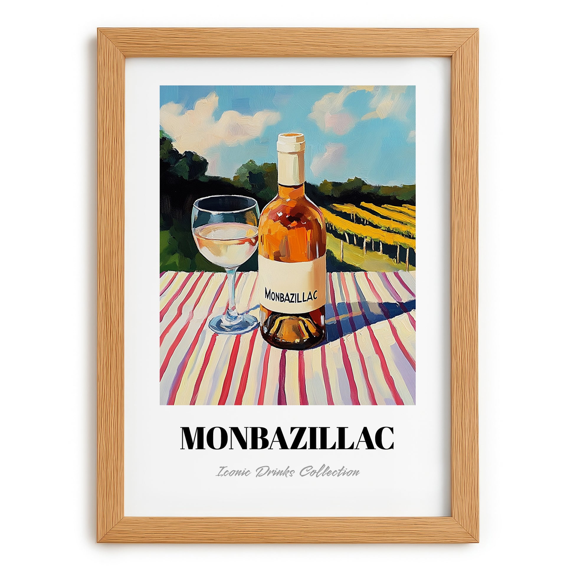 Monbazillac – French Hillside Café View, French Wine Illustration, set in oak frame