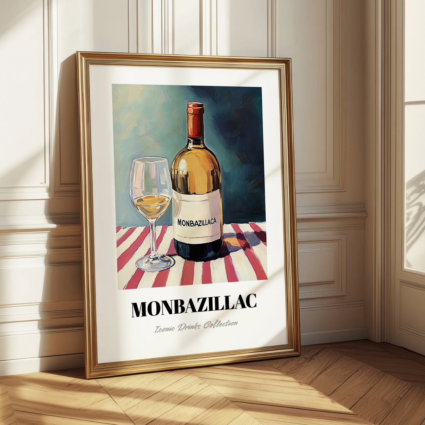 Monbazillac – on Striped Tablecloth, French Wine Wall Decor