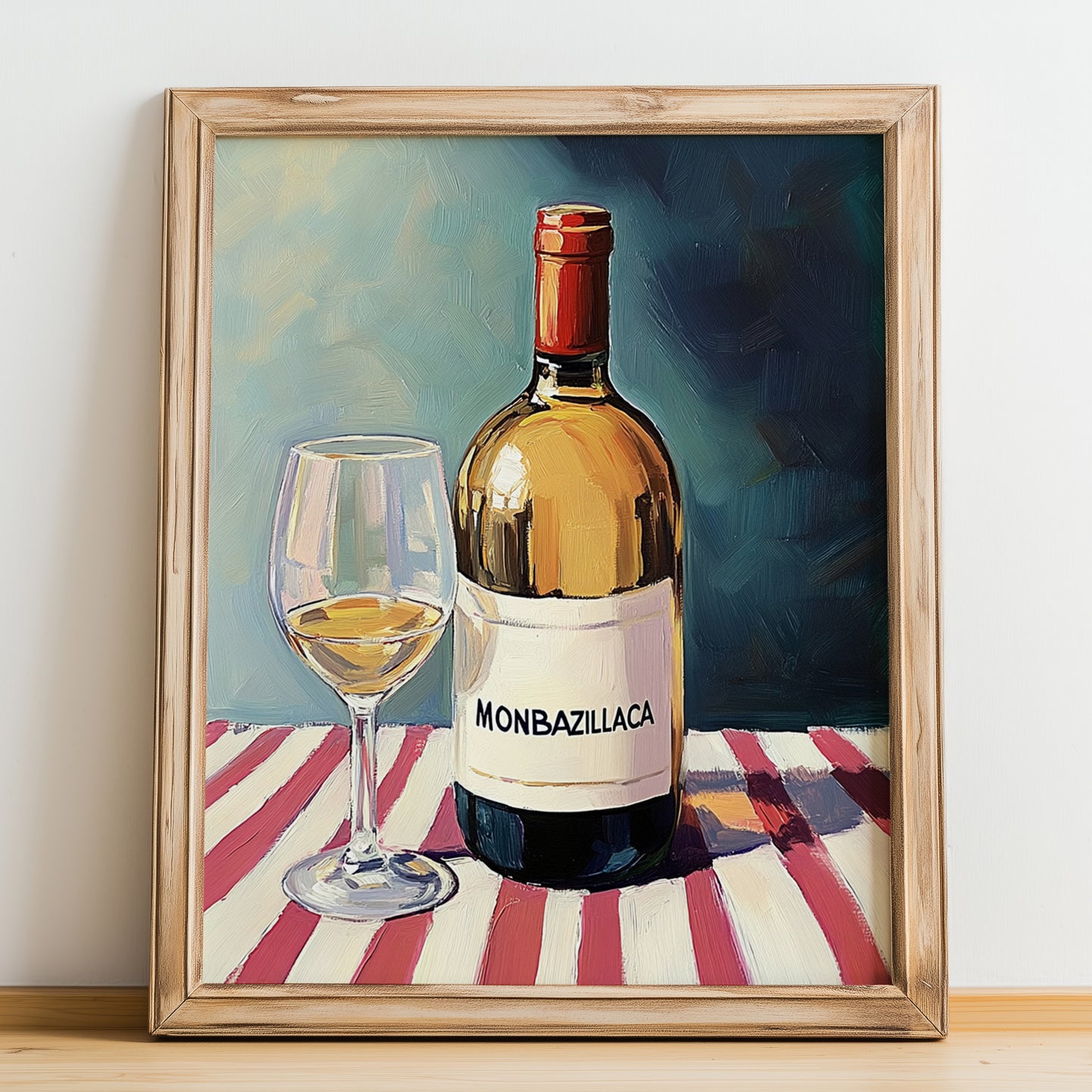 Monbazillac – on Striped Tablecloth, French Wine Wall Decor, no-text version framed in wood