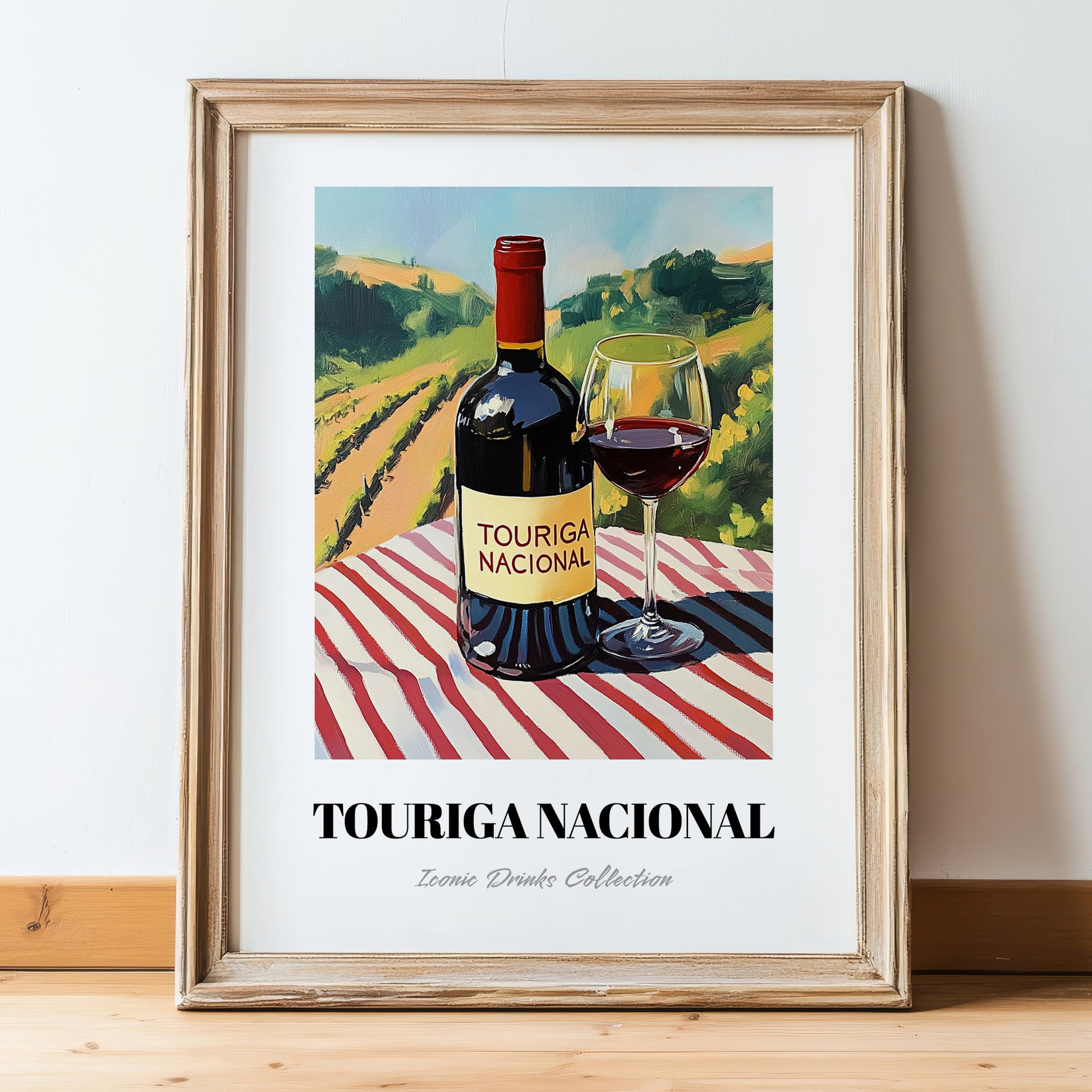Touriga Nacional – Portuguese Hilltop Table Scene, Portuguese Wine Wall Decor, in wooden frame leaning on the floor