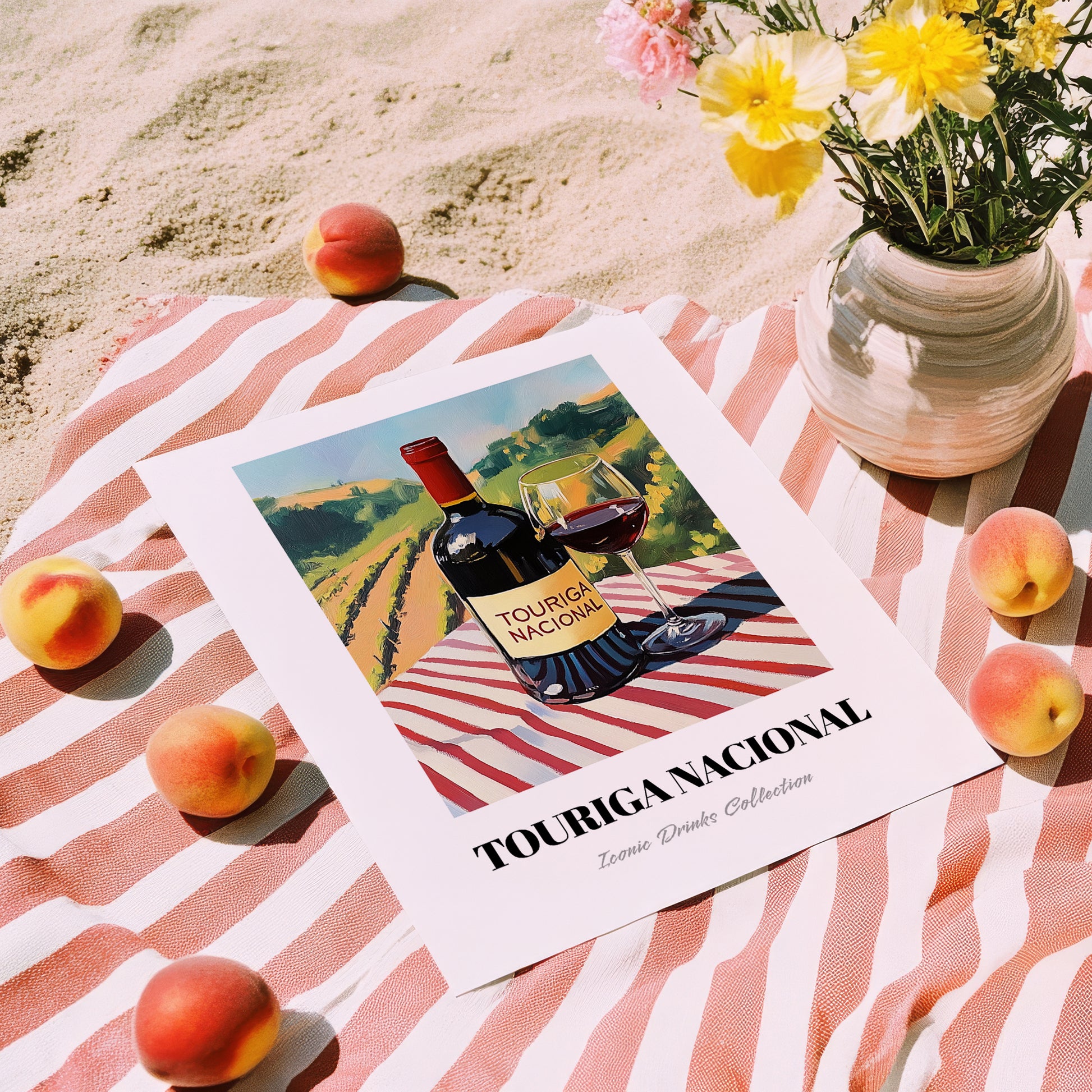 Touriga Nacional – Portuguese Hilltop Table Scene, Portuguese Wine Wall Decor, unframed on coastal sand