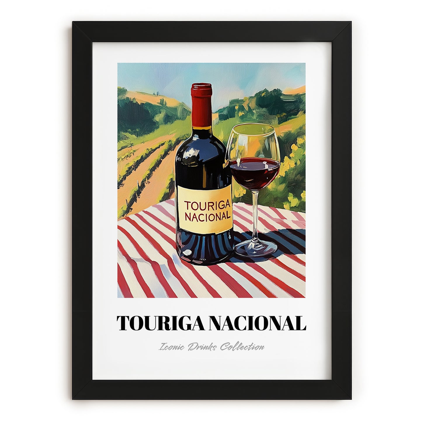 Touriga Nacional – Portuguese Hilltop Table Scene, Portuguese Wine Wall Decor, in sleek black frame