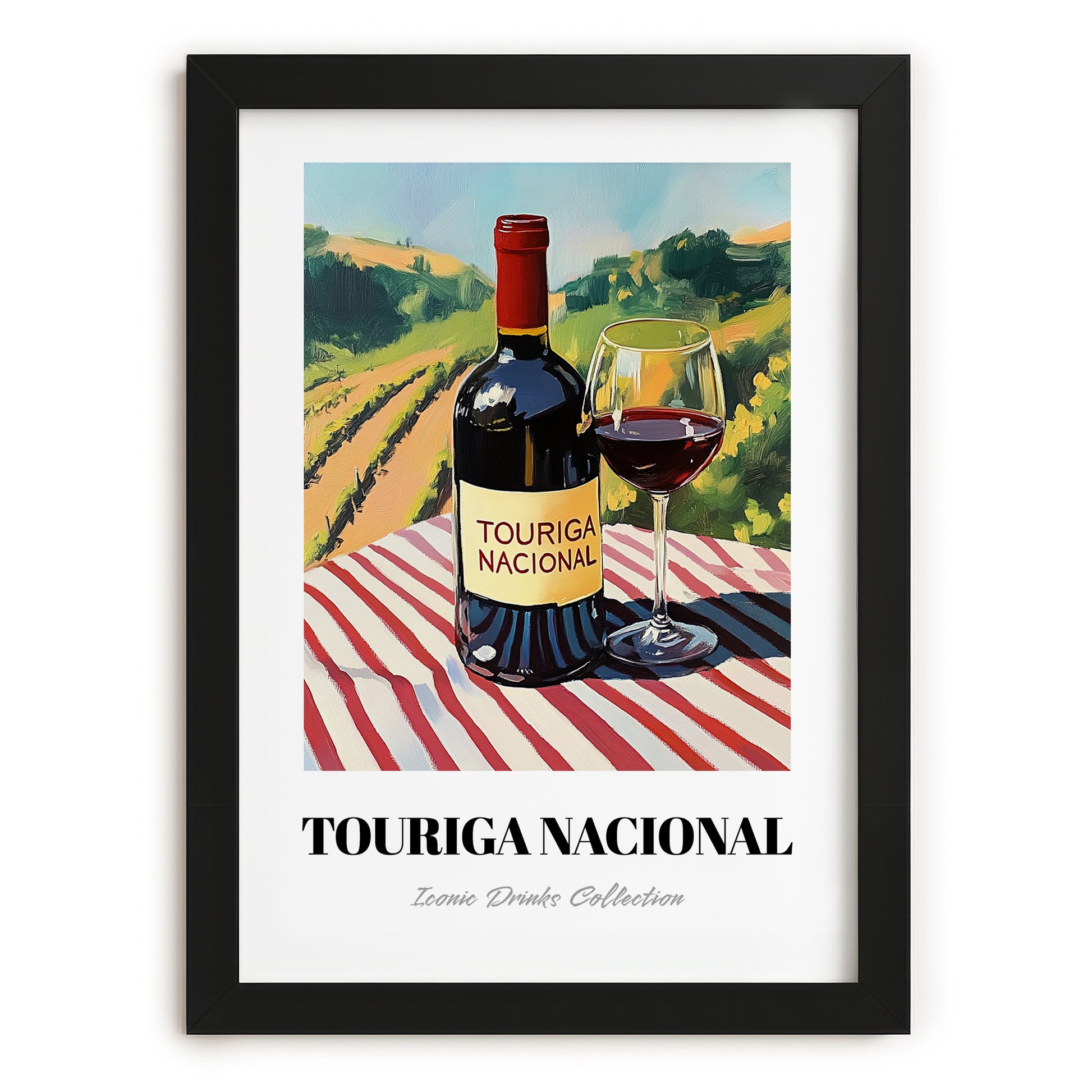 Touriga Nacional – Portuguese Hilltop Table Scene, Portuguese Wine Wall Decor, in sleek black frame