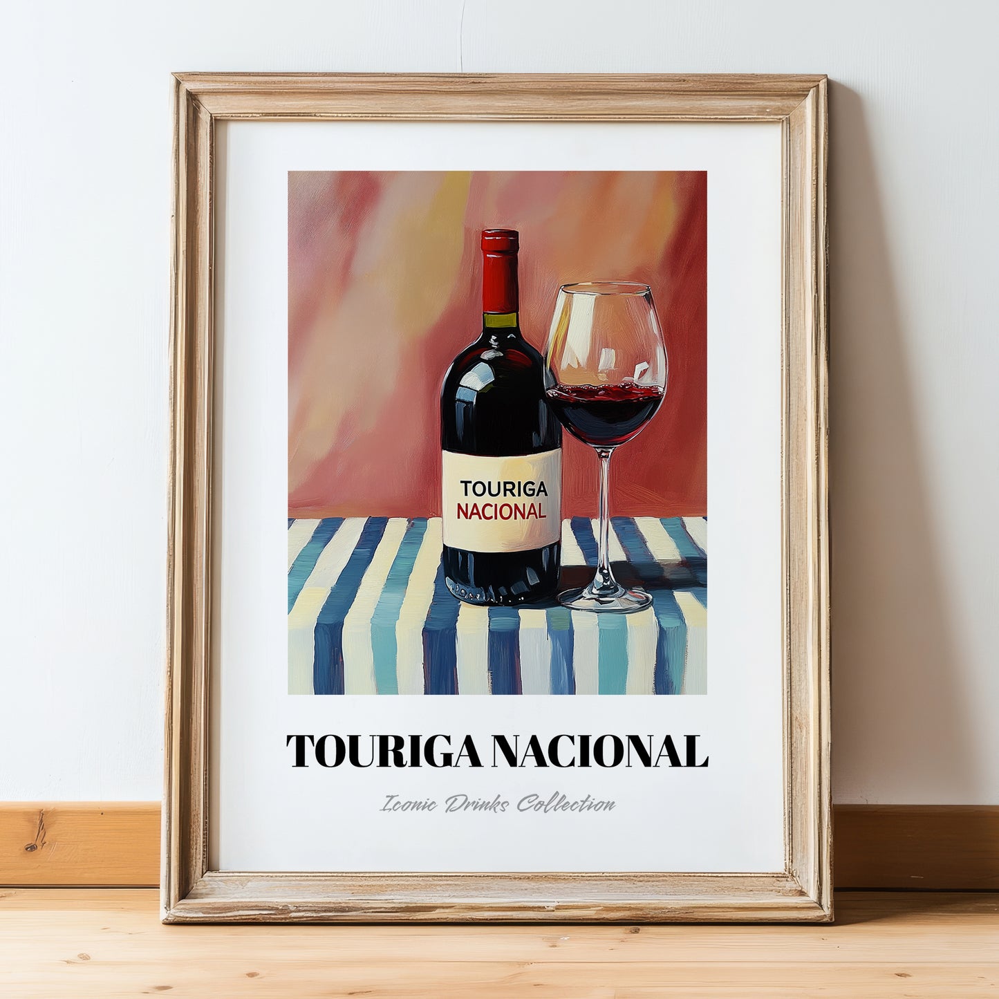 Touriga Nacional – on Striped Tablecloth, Portuguese Wine Still Life, in wooden frame leaning on the floor