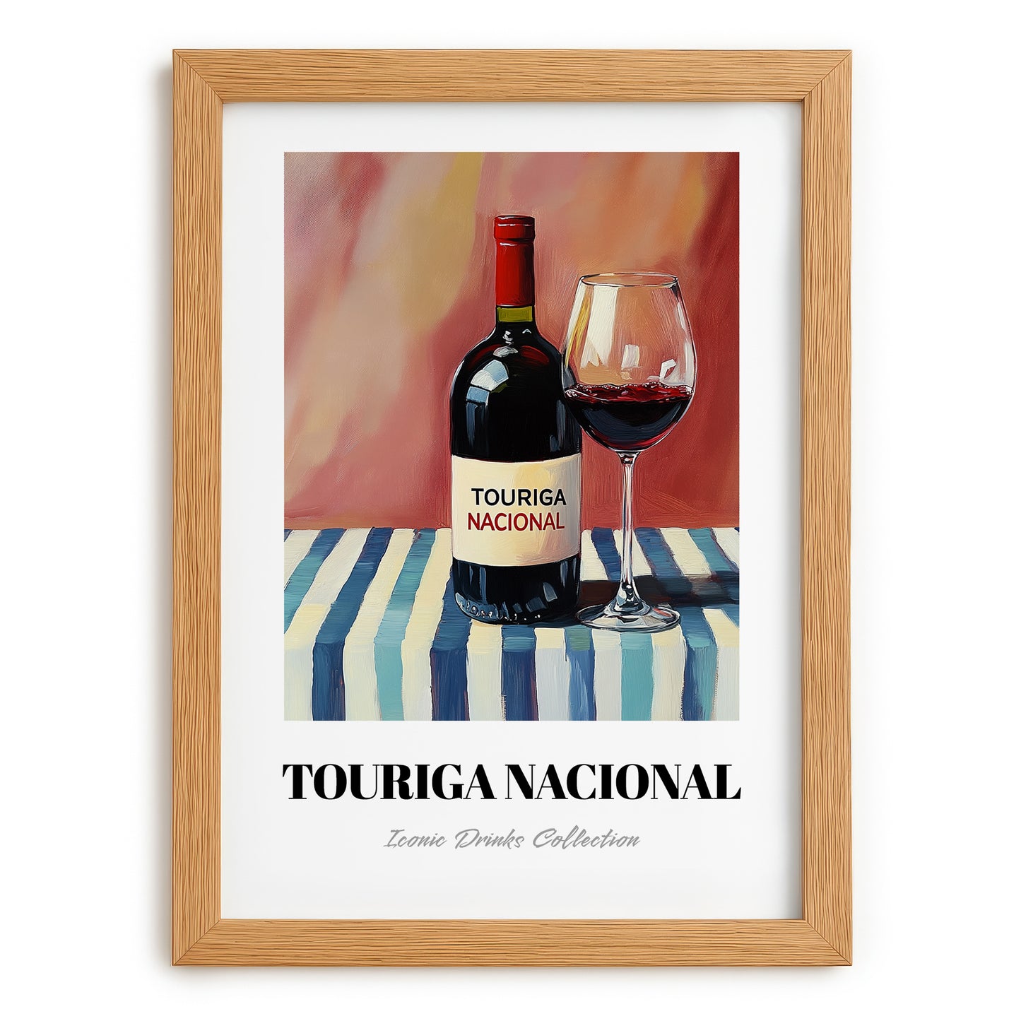Touriga Nacional – on Striped Tablecloth, Portuguese Wine Still Life, set in oak frame