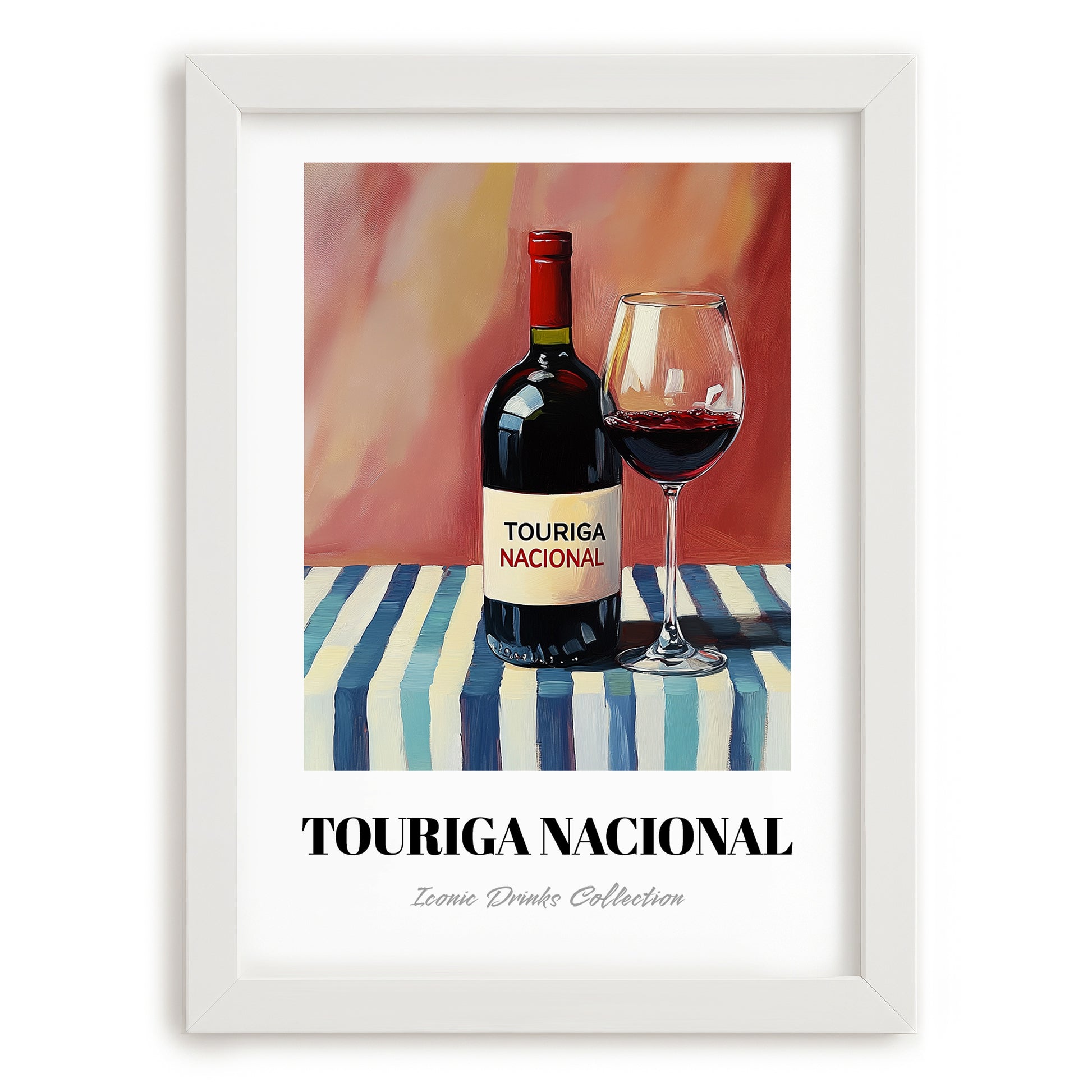 Touriga Nacional – on Striped Tablecloth, Portuguese Wine Still Life, placed in minimal white frame