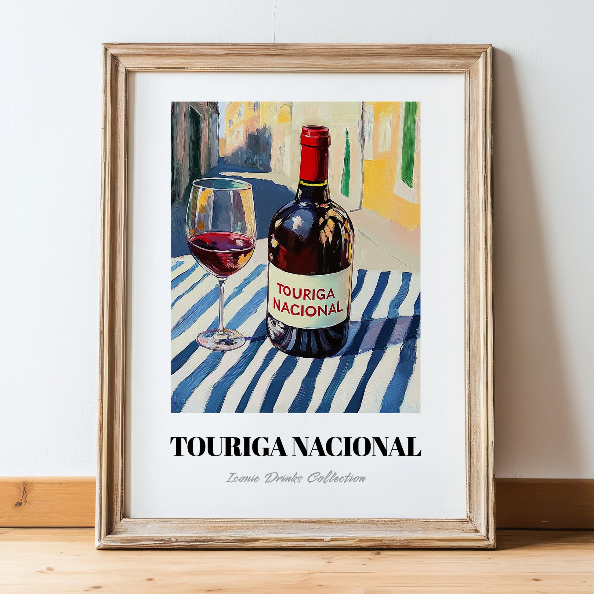 Touriga Nacional – Portuguese Street Café Scene, Portuguese Wine Wall Illustration, in wooden frame leaning on the floor