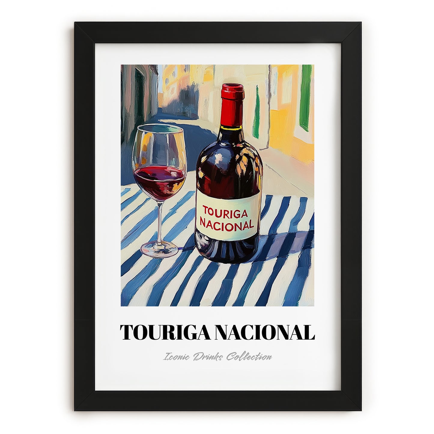 Touriga Nacional – Portuguese Street Café Scene, Portuguese Wine Wall Illustration, in sleek black frame